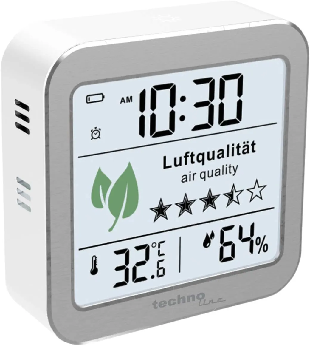 Bild von Technoline WL1020 Luftgütemonitor zur Überwachung der Raumluftqualität in Silber und Weiß mit Temperatur- und Luftfeuchteanzeige sowie Alarmfunktion bei schlechter Luftqualität