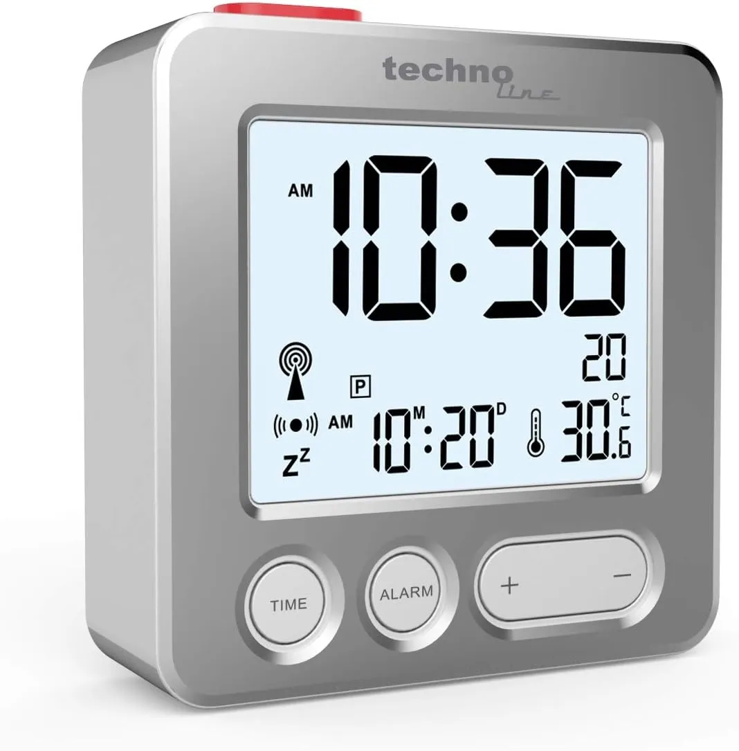 Bild von Technoline WT265 Funkwecker mit gebürsteter Metallfront, Touch-Aktivierung und Anzeige für Datum und Innentemperatur, Maße 66 x 21 x 66 mm