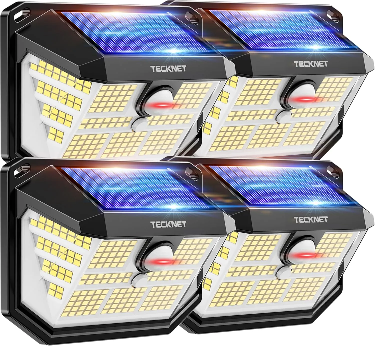 Bild von TECKNET Solarlampen Set mit 4 Stück, 231 LEDs, 300° Helligkeit, Bewegungsmelder, 3 Modi, IP65 wasserdicht für Garten und Außenbereich