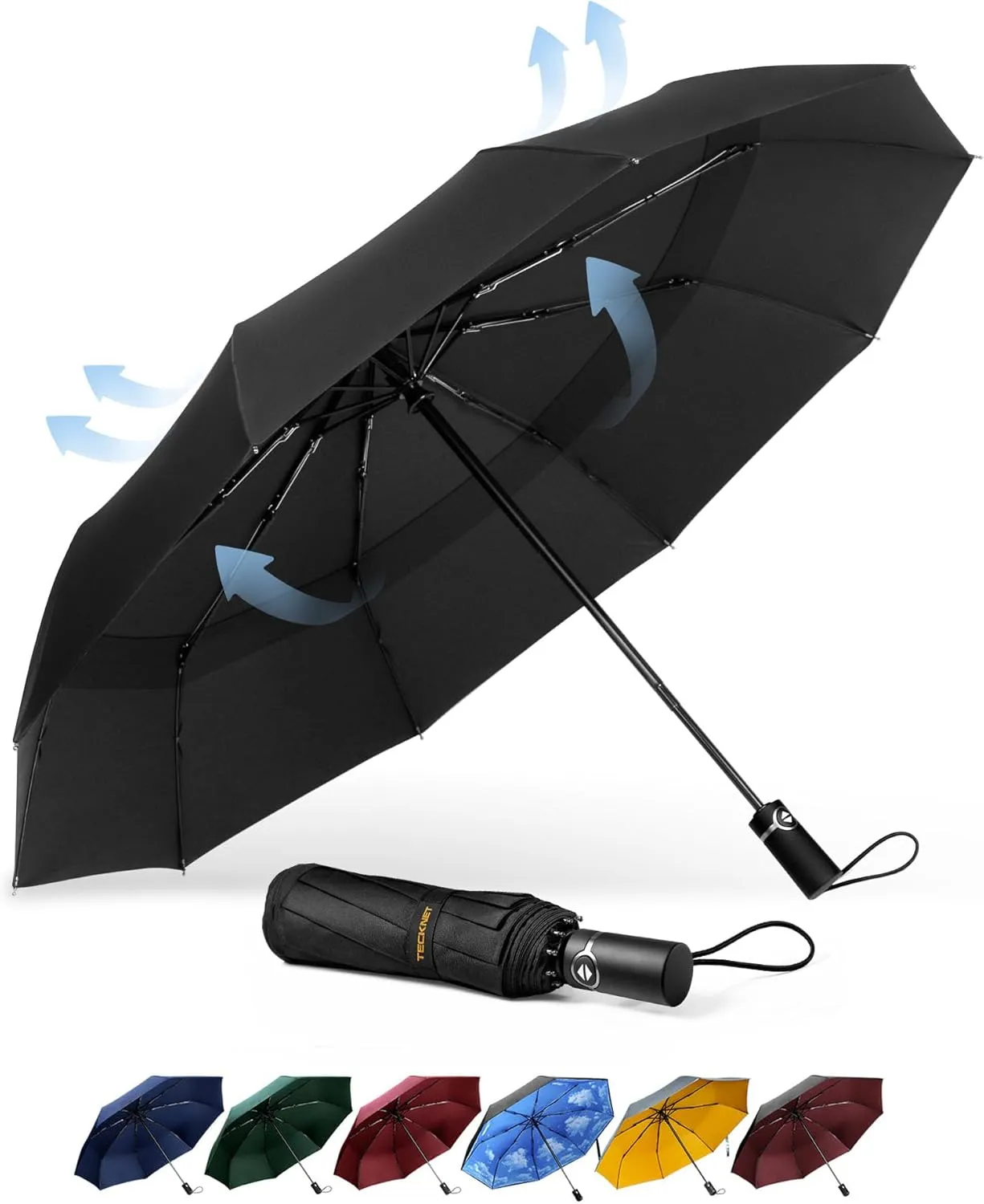 Bild von TECKNET Sturmfester Regenschirm mit Automatik und 10 Rippen, 104 cm, faltbar und kompakt für Reisen, geeignet für Herren und Damen