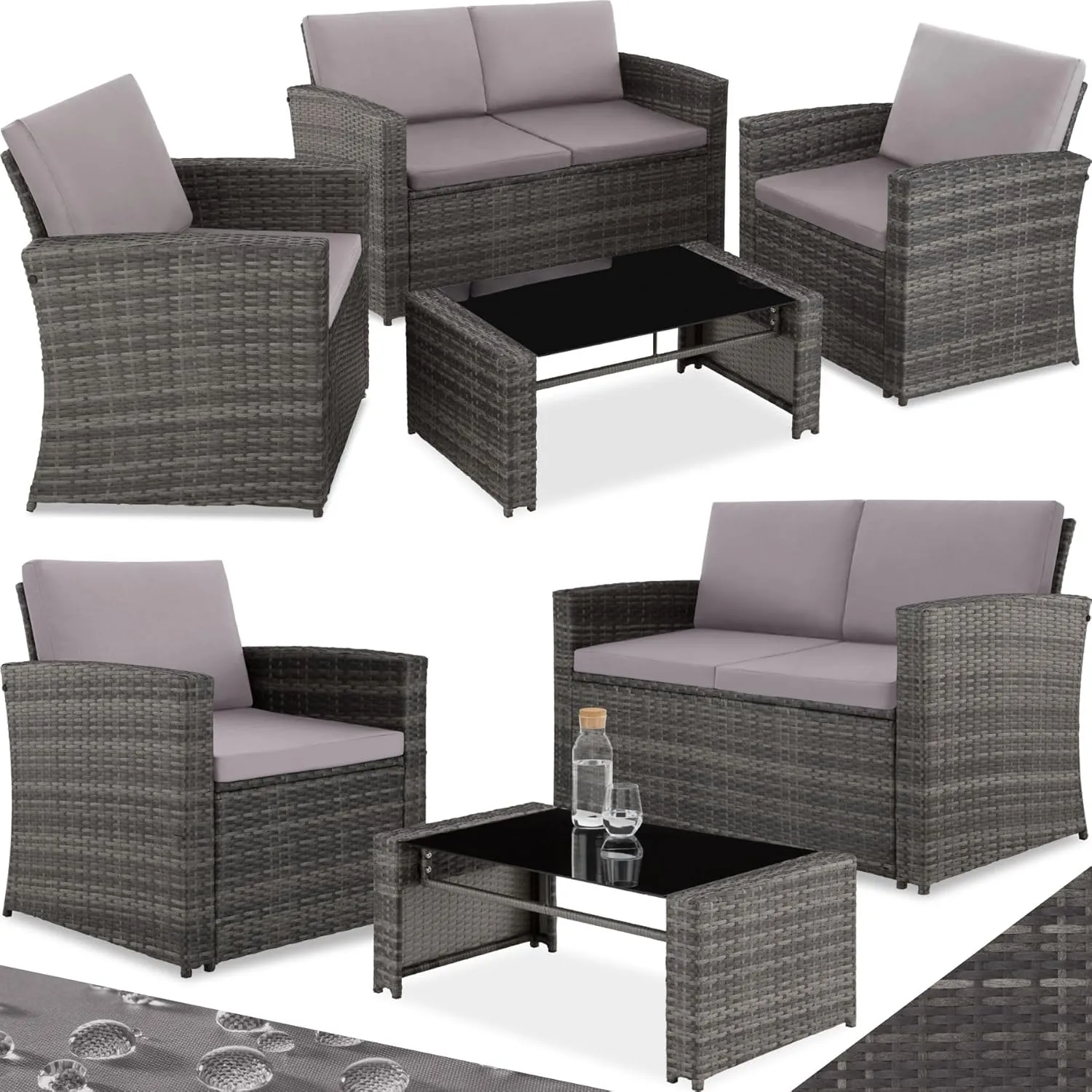 Bild von tectake 12-teiliges Lounge Gartenmöbel Set aus wetterfestem Poly Rattan in Grau und Hellgrau für 4 Personen