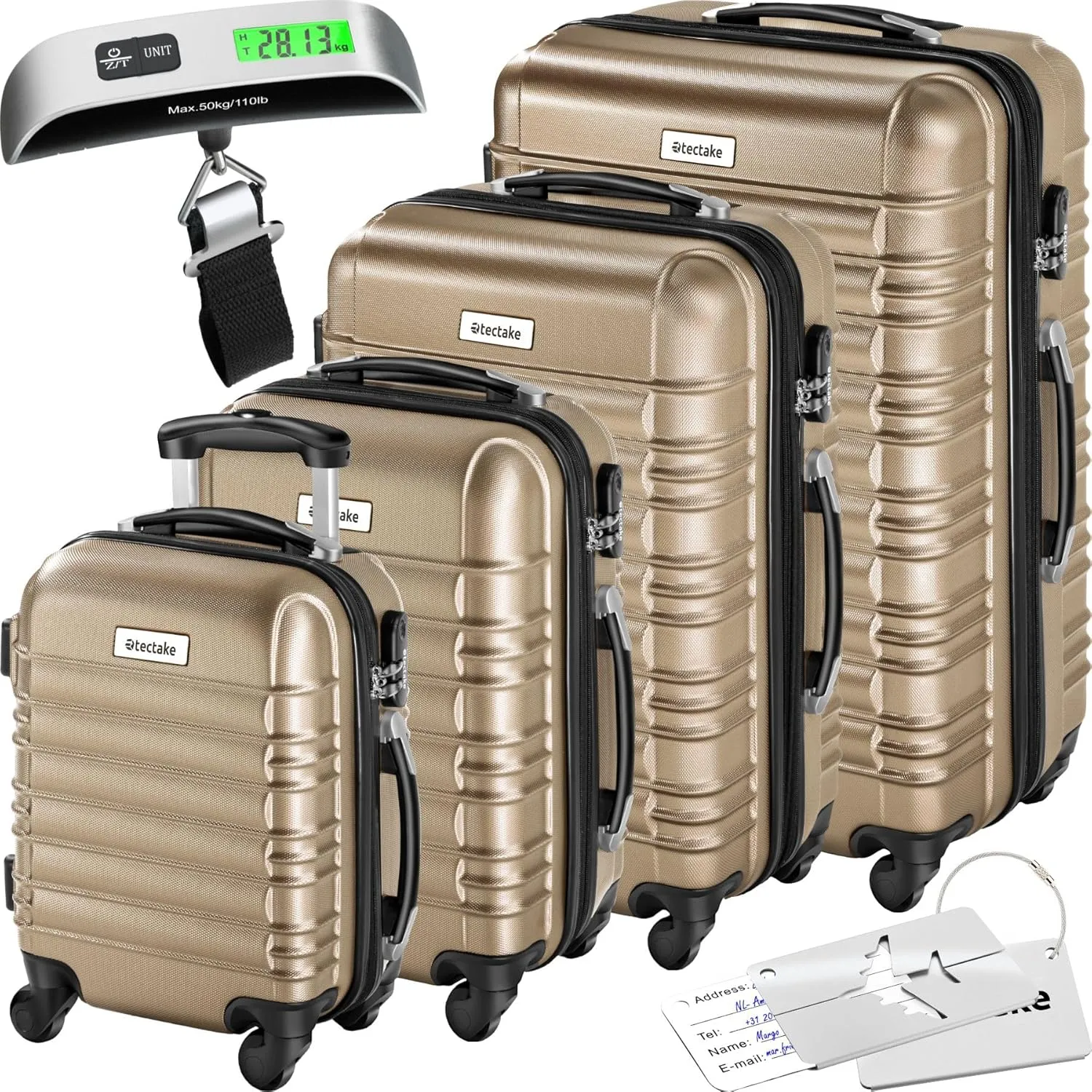 Bild von tectake 4-teiliges Hartschalenkoffer Set in Champagner mit Rollen, Teleskopgriff, Schloss, Kofferwaage und Anhängern in den Größen S, M, L und XL