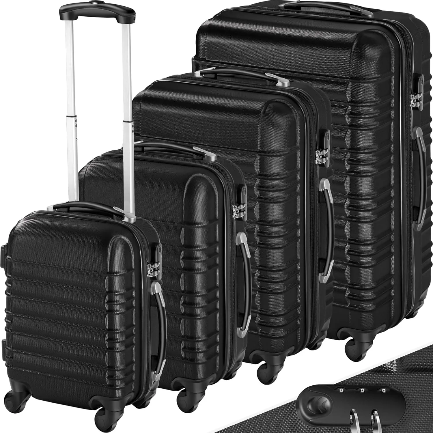 Bild von tectake 4-teiliges Hartschalenkoffer Set in Schwarz mit 360 Grad drehbaren Rollen und Teleskopgriff