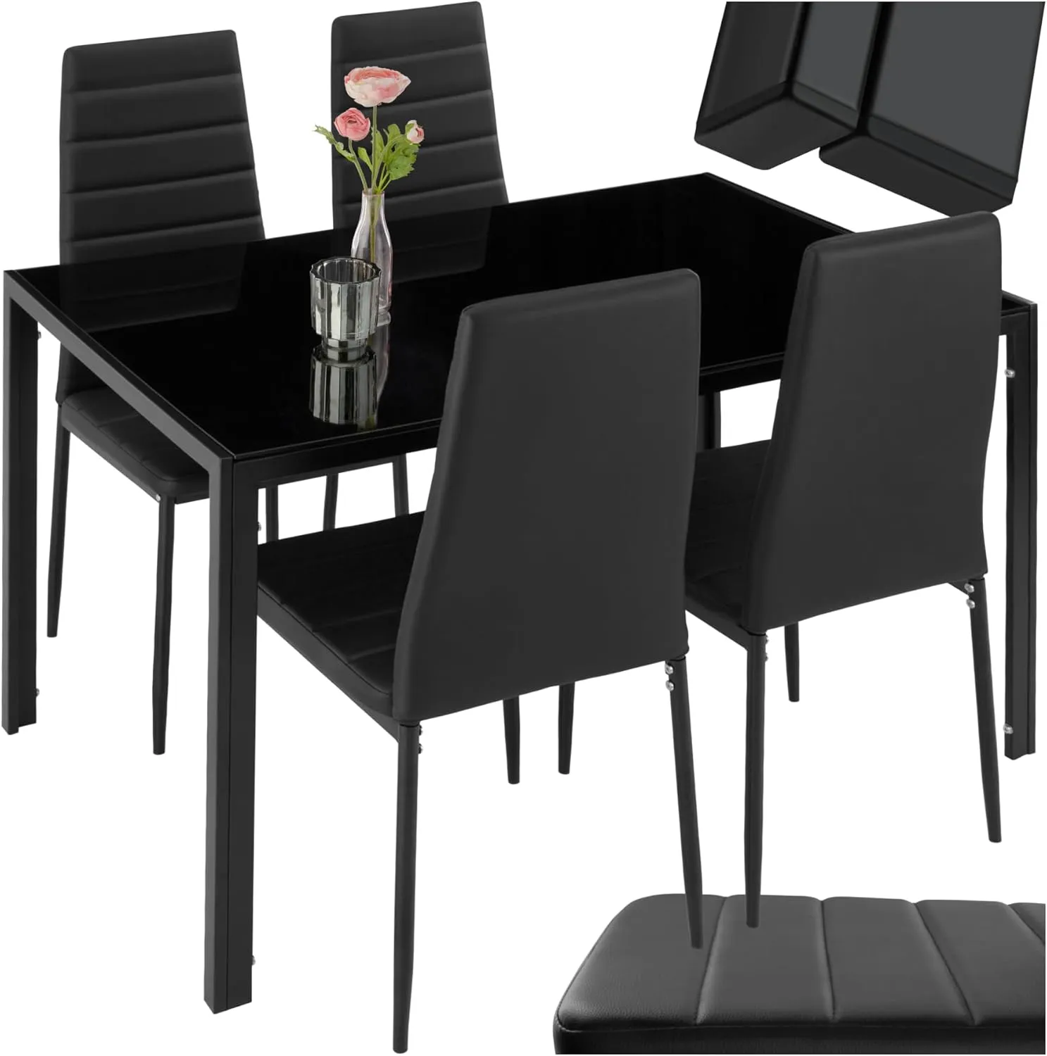 Bild von tectake Essgruppe Set mit Tisch und 4 Stühlen aus strapazierfähigem Kunstleder und Sicherheitsglas in Schwarz