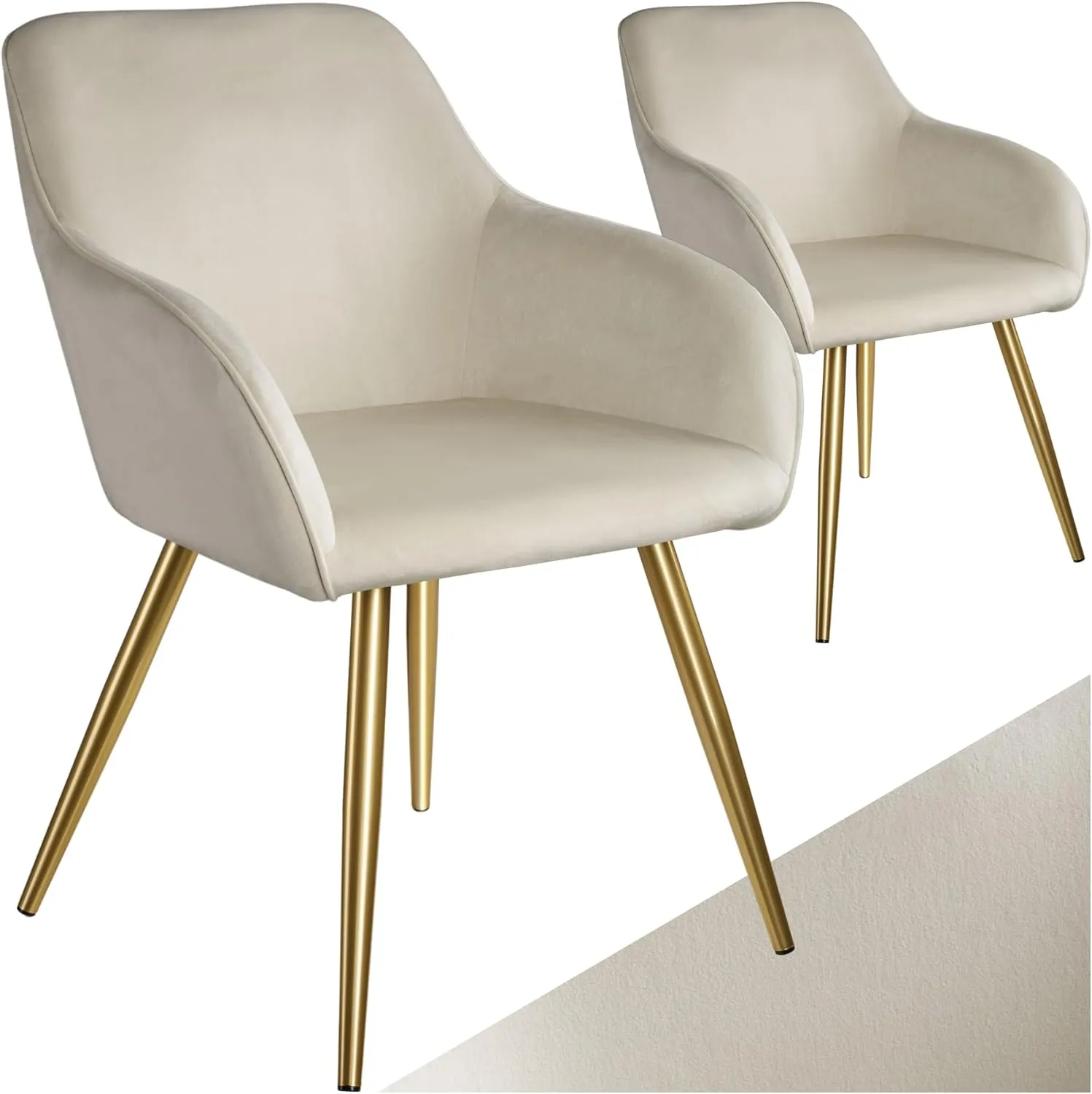 Bild von tectake Esszimmerstühle mit Armlehne im 2er Set aus cremefarbenem Samt mit goldenen Akzenten für Esszimmer, Wohnzimmer oder Arbeitszimmer