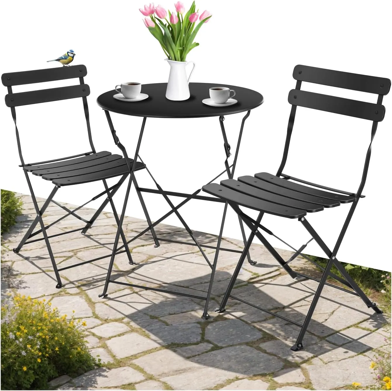 Bild von tectake Gartenmöbel Bistro Set mit Klapptisch und zwei Stühlen in Schwarz