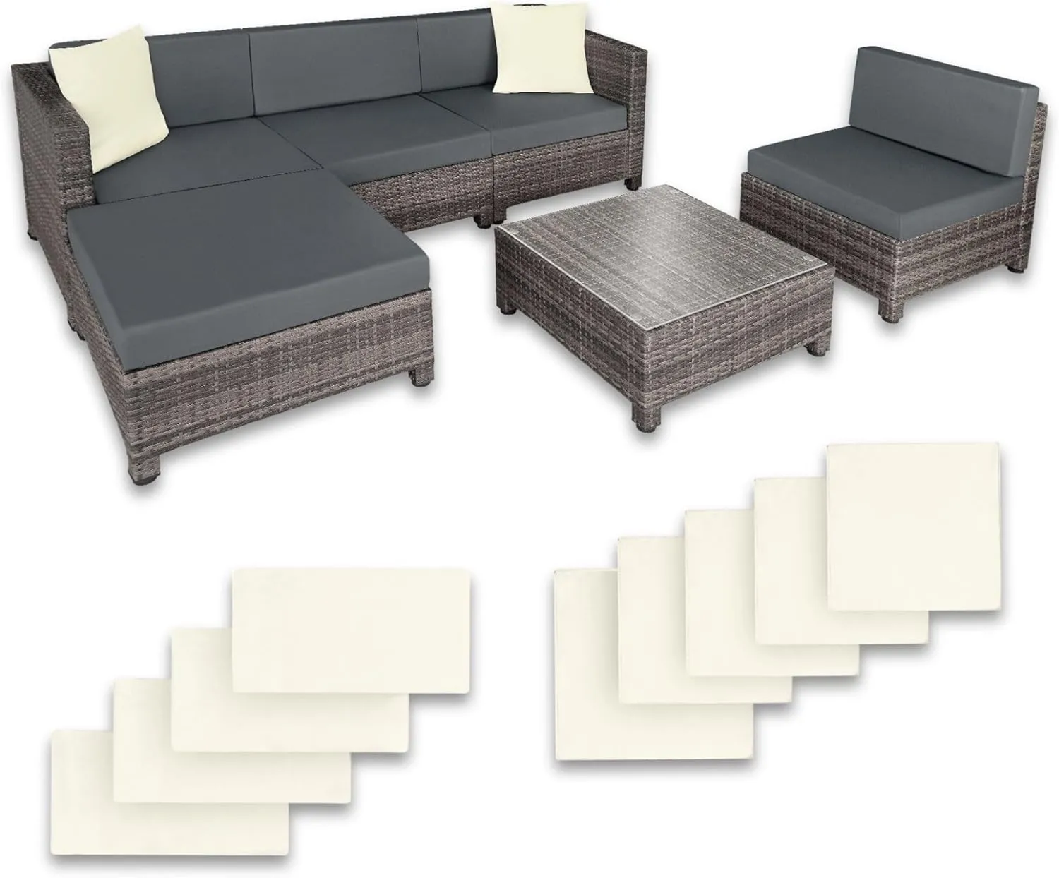 Bild von tectake Gartenmöbel Set aus Poly Rattan und Aluminium mit 2 Sesseln, 2 Ecksesseln, 1 Tisch und 1 Hocker in Grau