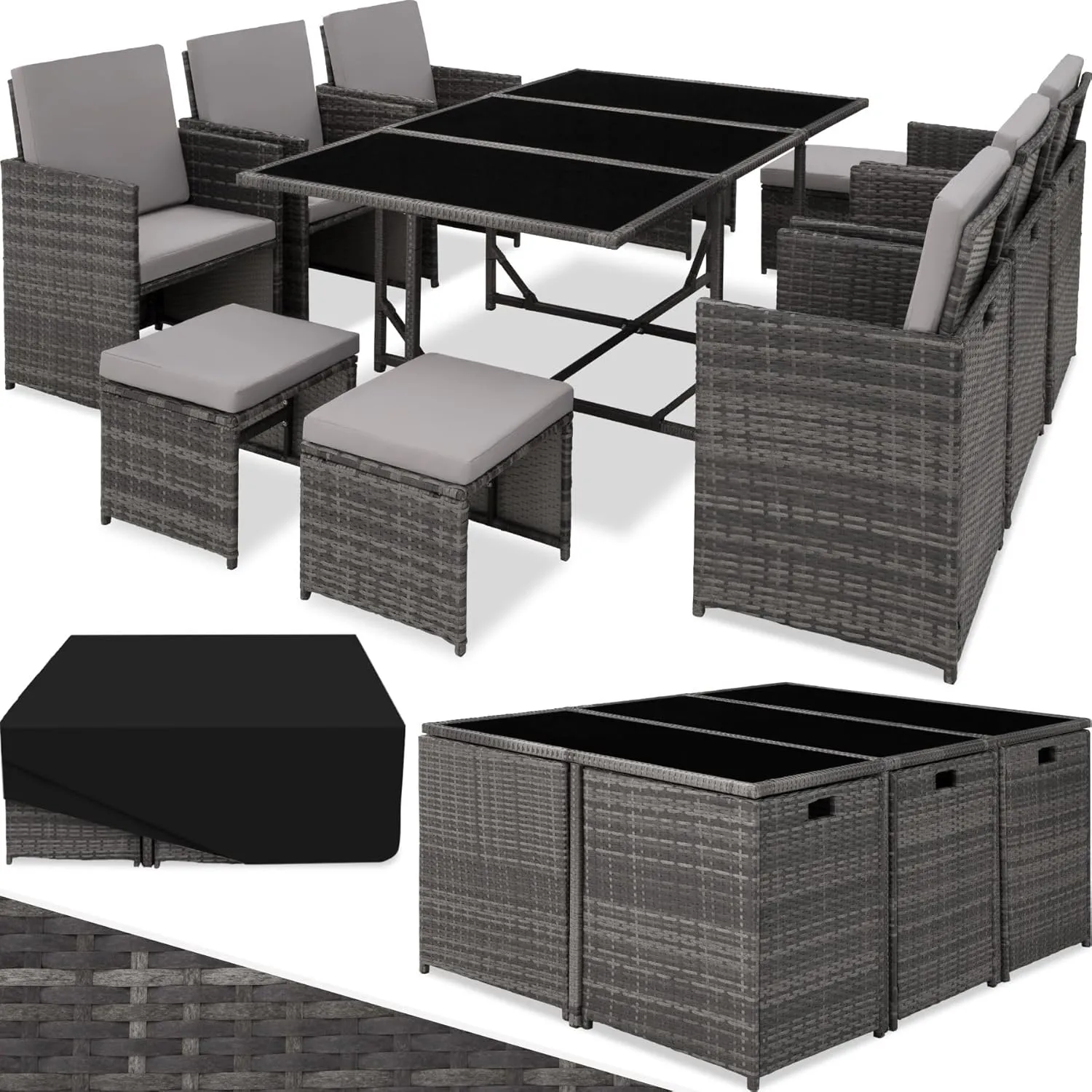 Bild von tectake Outdoor Gartenmöbel Set mit 6 Stühlen, 4 Hockern, 1 Tisch und Schutzhülle aus wetterfestem Poly Rattan in Grau