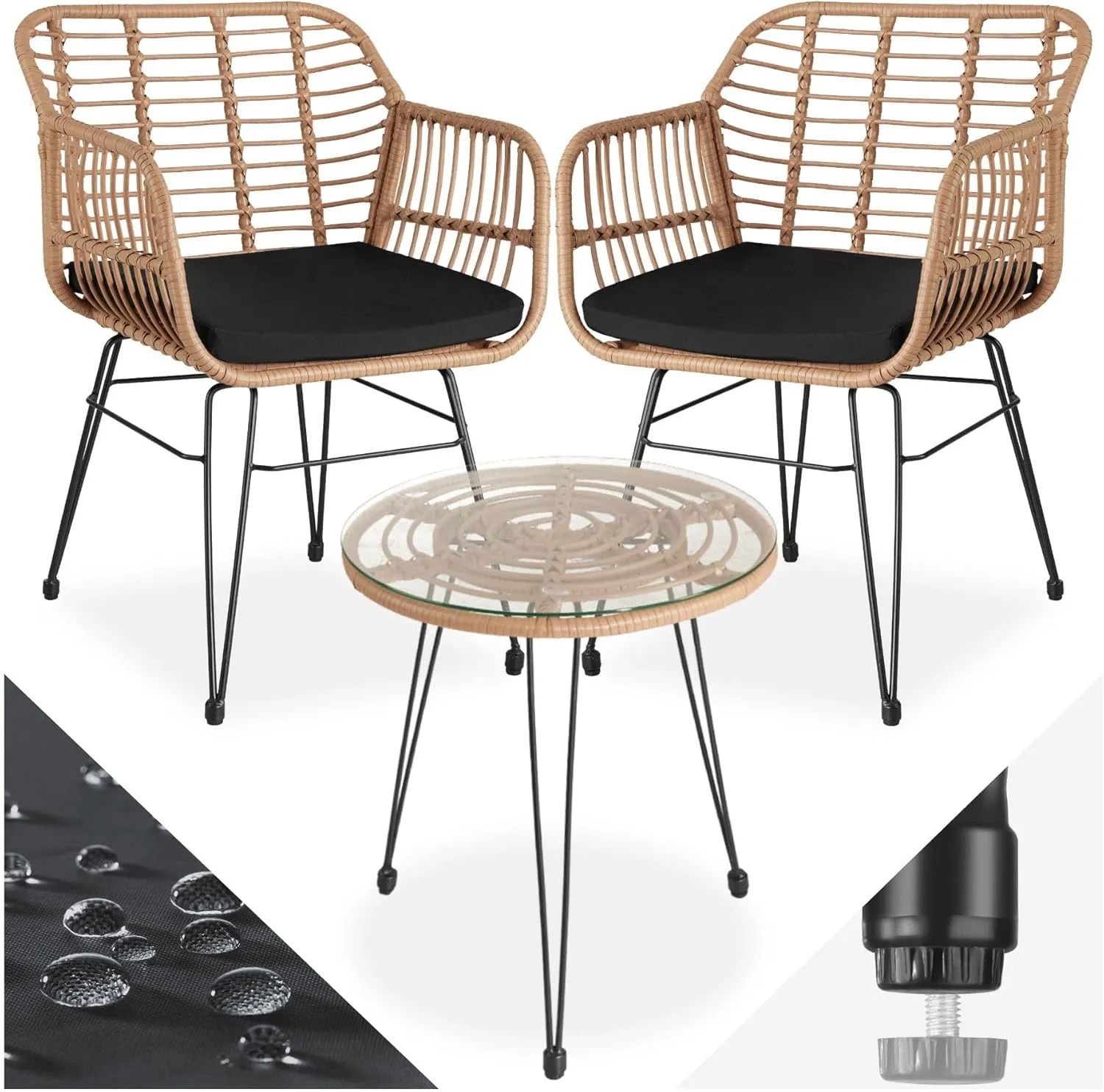 Bild von tectake Outdoor Rattan Sitzgruppe für 2 Personen, 3-teiliges Bistroset für Garten und Balkon in Naturfarbe