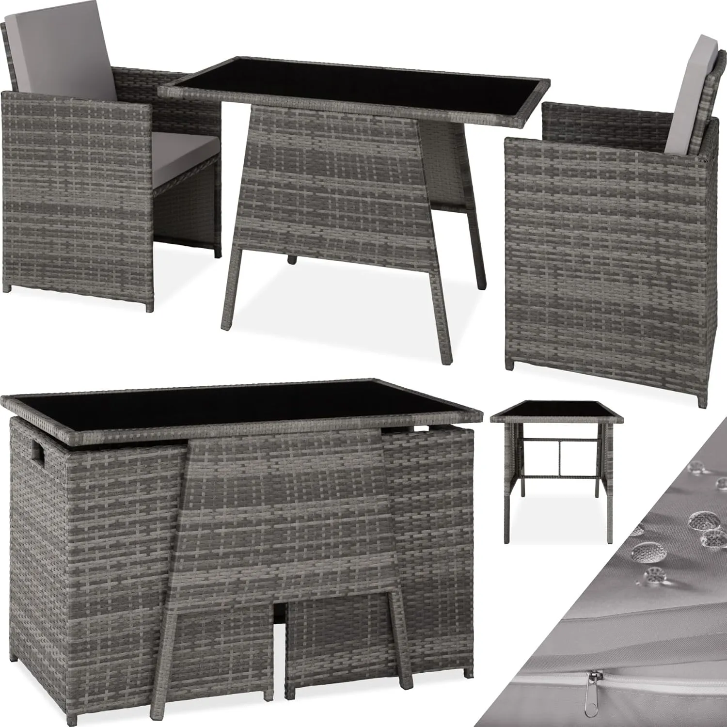 Bild von tectake Poly Rattan Sitzgruppe für 2 Personen mit 2 Sesseln und einem Tisch, platzsparend und wetterfest in Grau