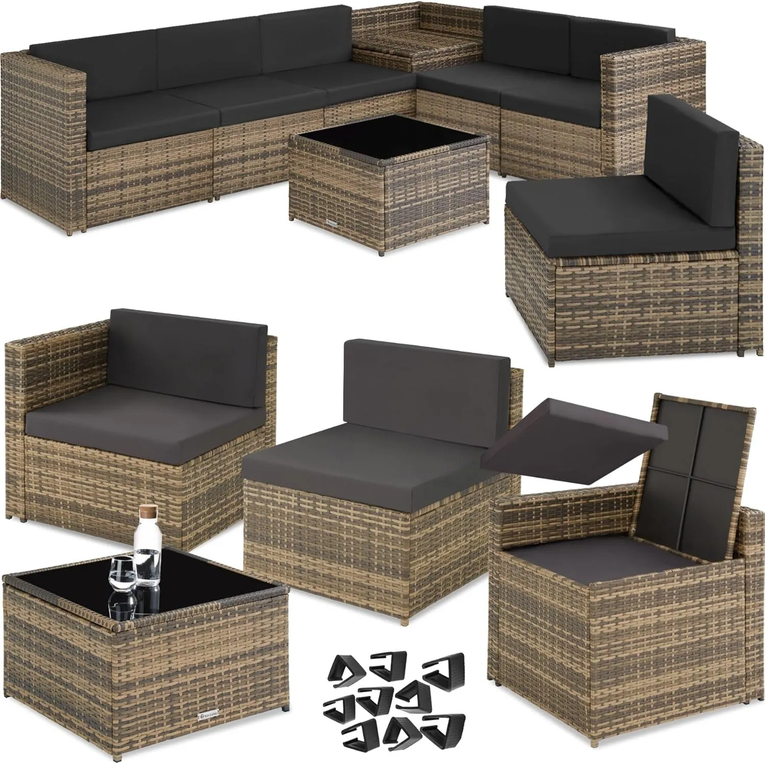 Bild von tectake Polyrattan Gartenlounge Set mit Beistelltisch und Auflagenbox in Natur