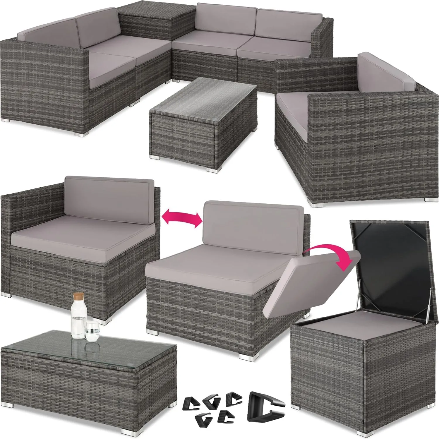 Bild von tectake Polyrattan Sitzgruppe mit Aufbewahrungsbox und Tisch mit Glasplatte für Garten und Balkon