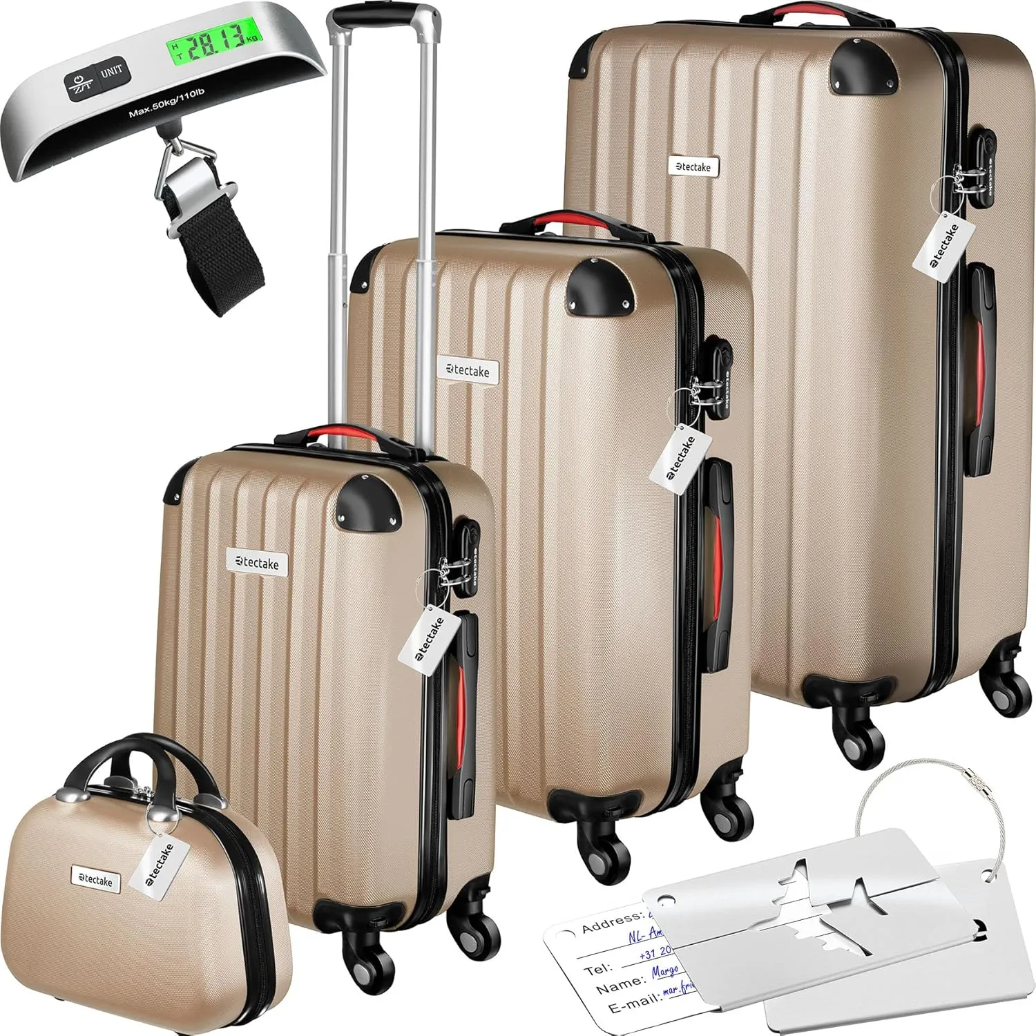 Bild von tectake Reisekoffer Set mit 4 Teilen in Champagnerfarbe, inklusive Kofferwaage und Gepäckanhänger, mit 360 Grad Rollen und Zahlenschloss