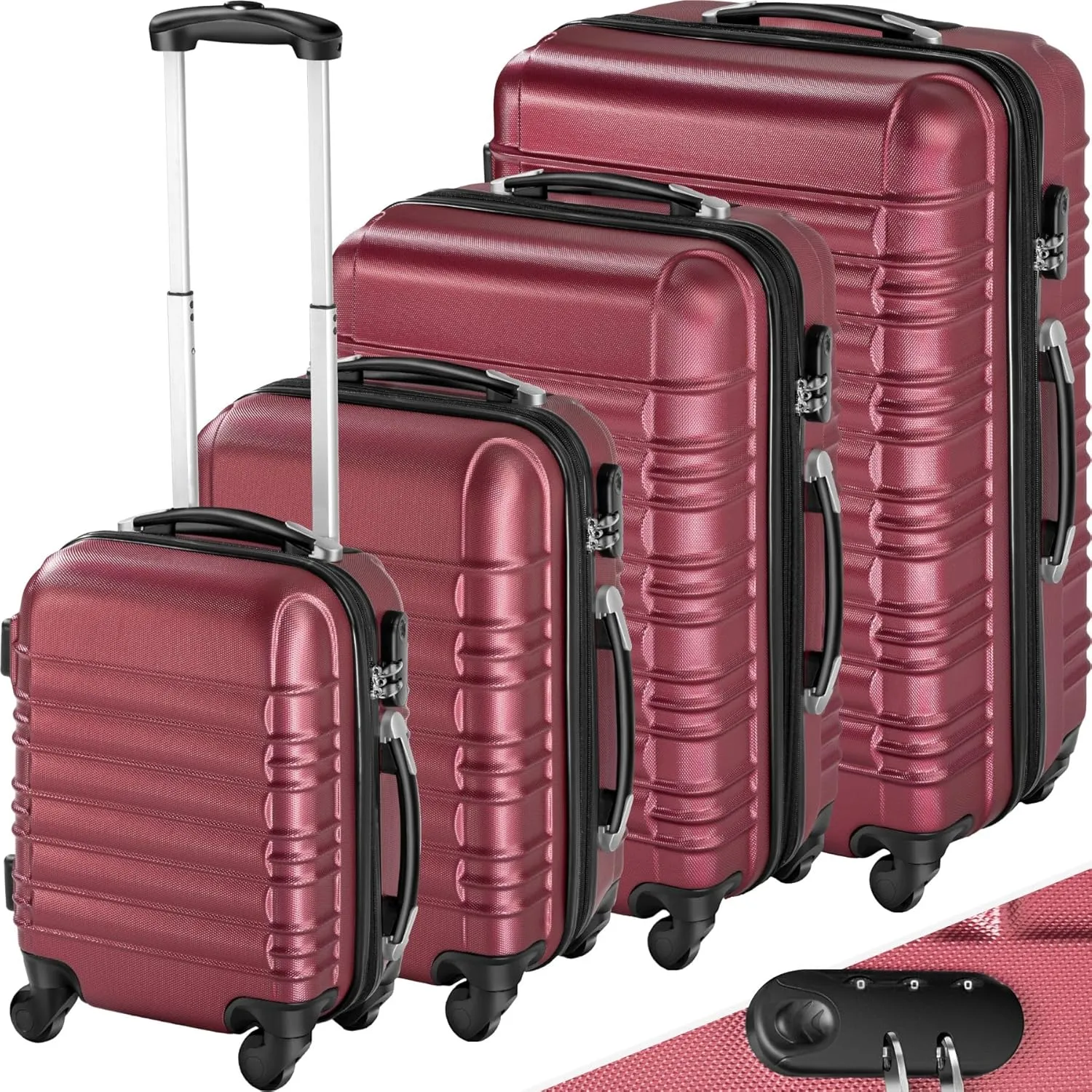 Bild von tectake Reisekoffer Set mit 4 Teilen in weinrot, Hartschalenkoffer mit 360 Grad drehbaren Rollen und Teleskopgriff