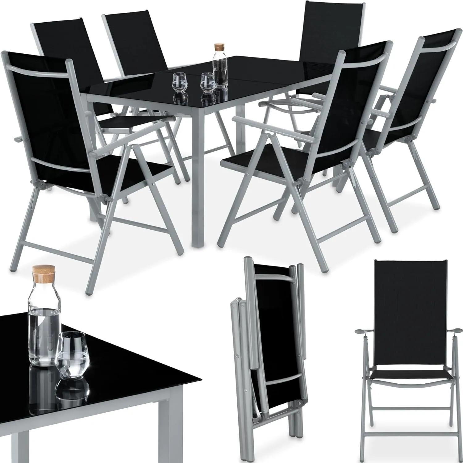 Bild von tectake Sitzgarnitur mit 6 Klappstühlen und 1 Glastisch, wetterfestes Lounge Set für Balkon und Garten in Silber