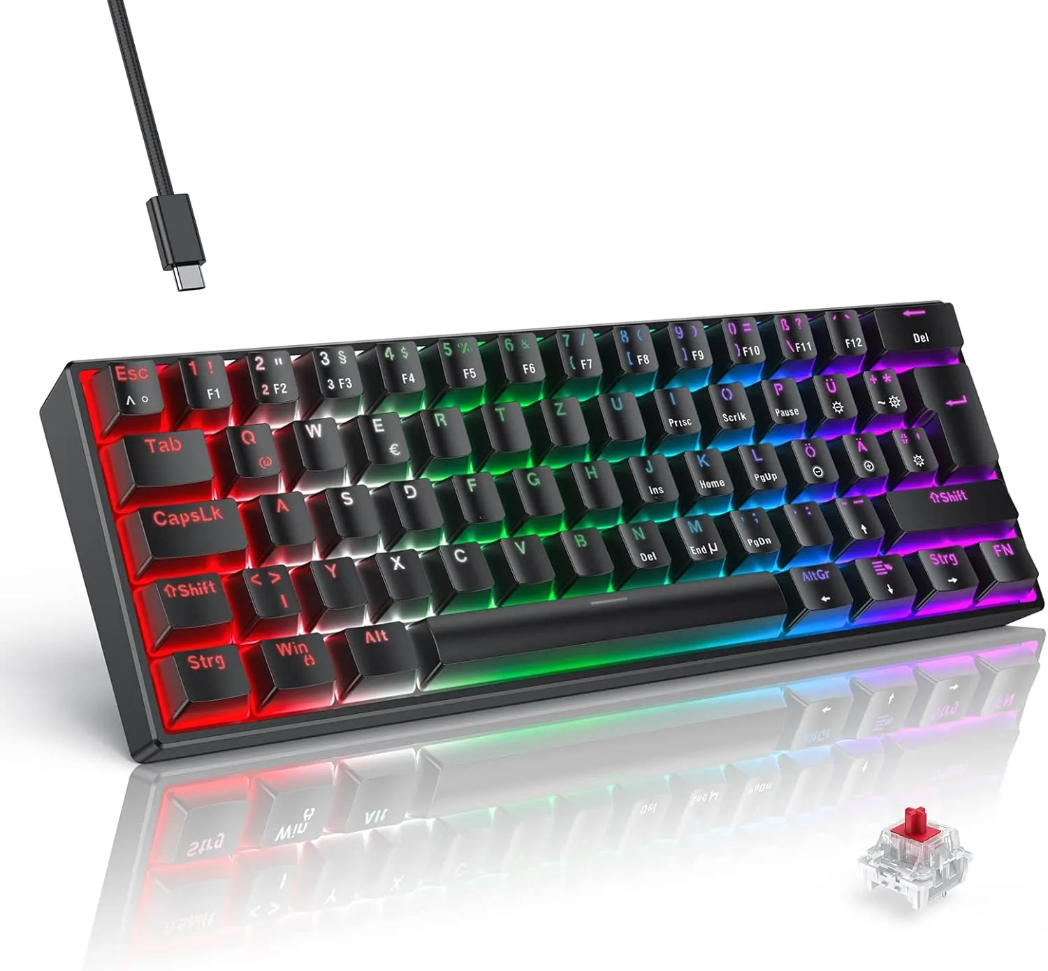 Bild von TECURS mechanische Gaming Tastatur mit 60 Prozent Layout und roten Schaltern, kabelgebunden, 61 Tasten, kompatibel mit PC und PS4/PS5, in Schwarz