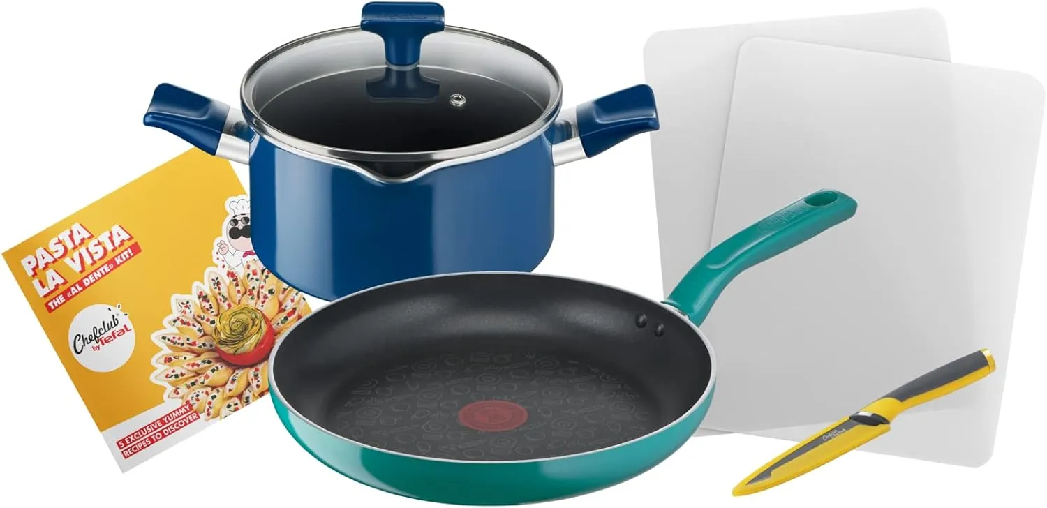 Bild von Tefal G804S4 Chefclub Pasta La Vista Kochgeschirr-Set mit Titanium Antihaftbeschichtung und Thermo-Signal Temperaturanzeiger, induktionsgeeignet in blau/grün