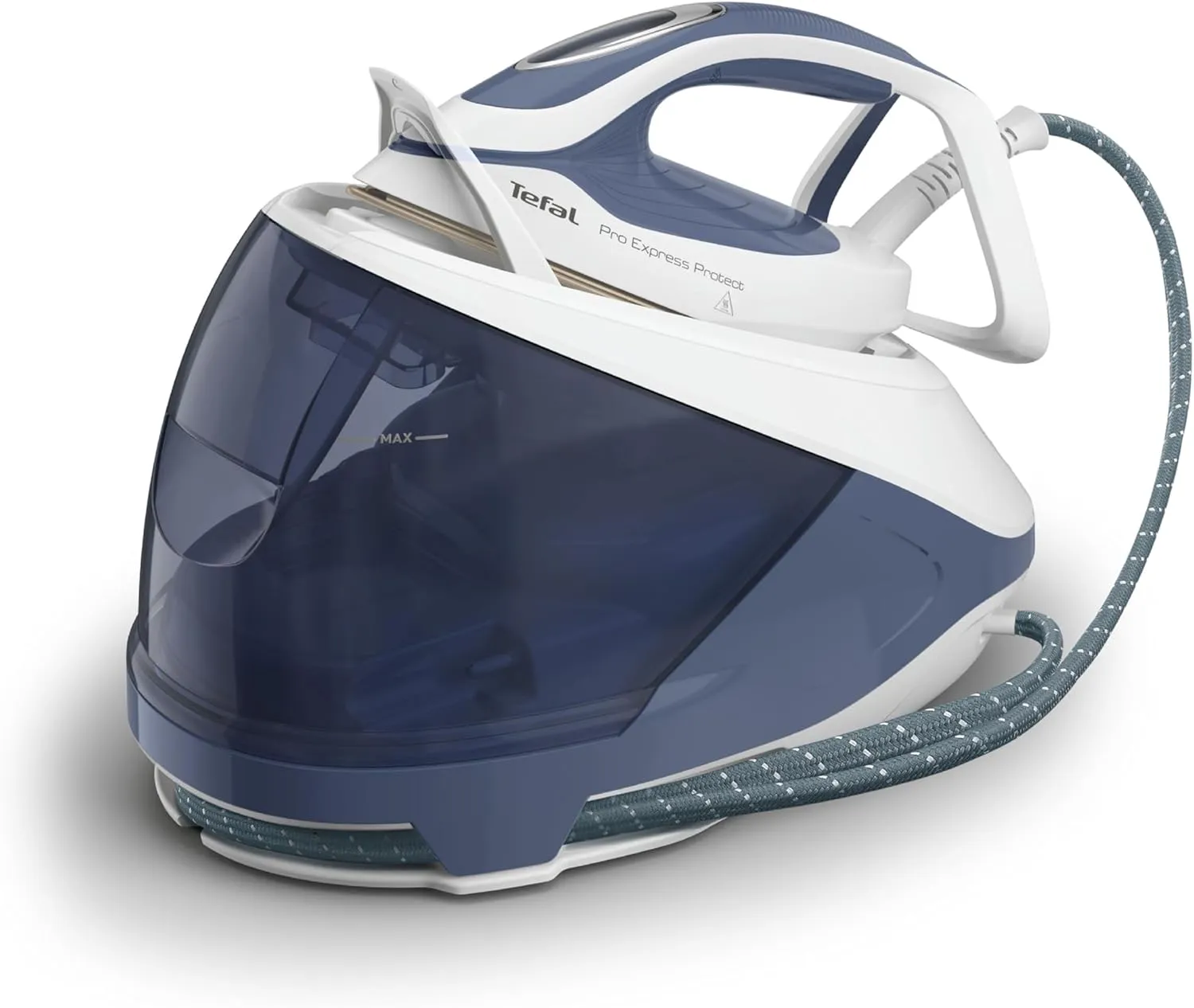 Bild von Tefal GV9225 Pro Express Protect Dampfbügelstation mit 7,6 Bar Dampfdruck, variabler Dampfmenge von 140 g pro Minute und Dampfstoß von 550 g pro Minute, inklusive Anti-Kalk-Kollektor und vertikaler Dampffunktion in Blaugrau und Weiß