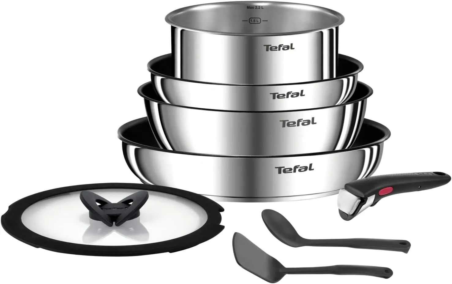 Bild von Tefal Ingenio Emotion L8979804 8-teiliges Kochgeschirrset aus Edelstahl mit abnehmbarem Griff, induktionsgeeignet, antihaftbeschichtet und spülmaschinenfest
