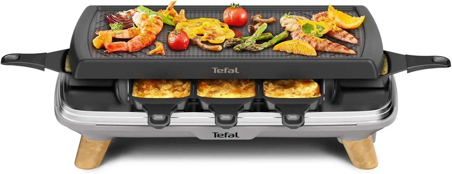 Bild von Tefal Raclette Gourmet RE610D für 8 Personen mit extra tiefen Pfännchen und abnehmbarem Kabel, 1350 Watt, spülmaschinengeeignet und mit Ein-/Ausschalter