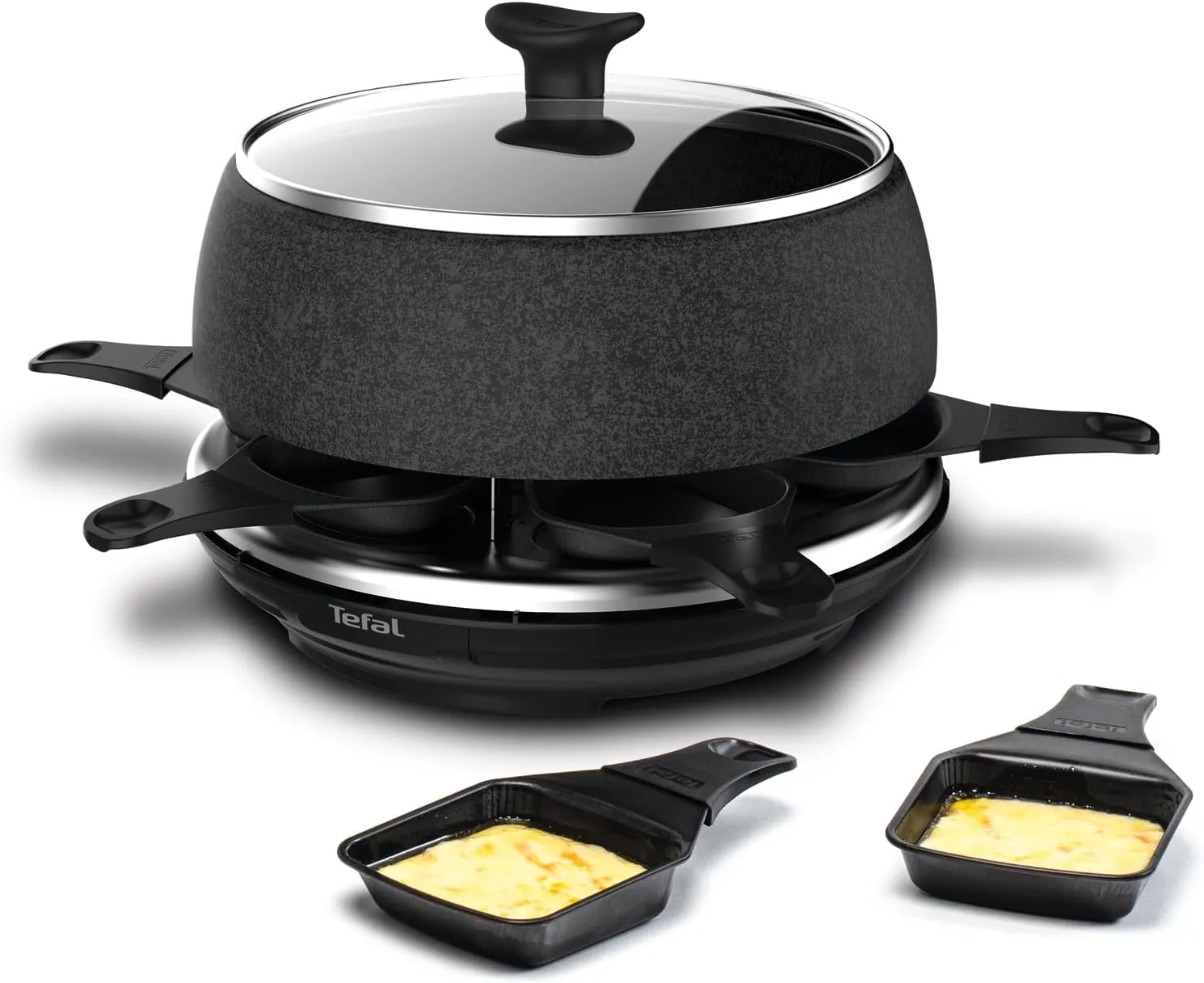 Bild von Tefal Raclette und Fondue Cheese'n Co RE12C8 für 6 Personen mit 6 Pfännchen, 6 Gabeln, einem Topf mit Deckel, Rezeptbuch und 850 Watt Leistung in Stein-Optik