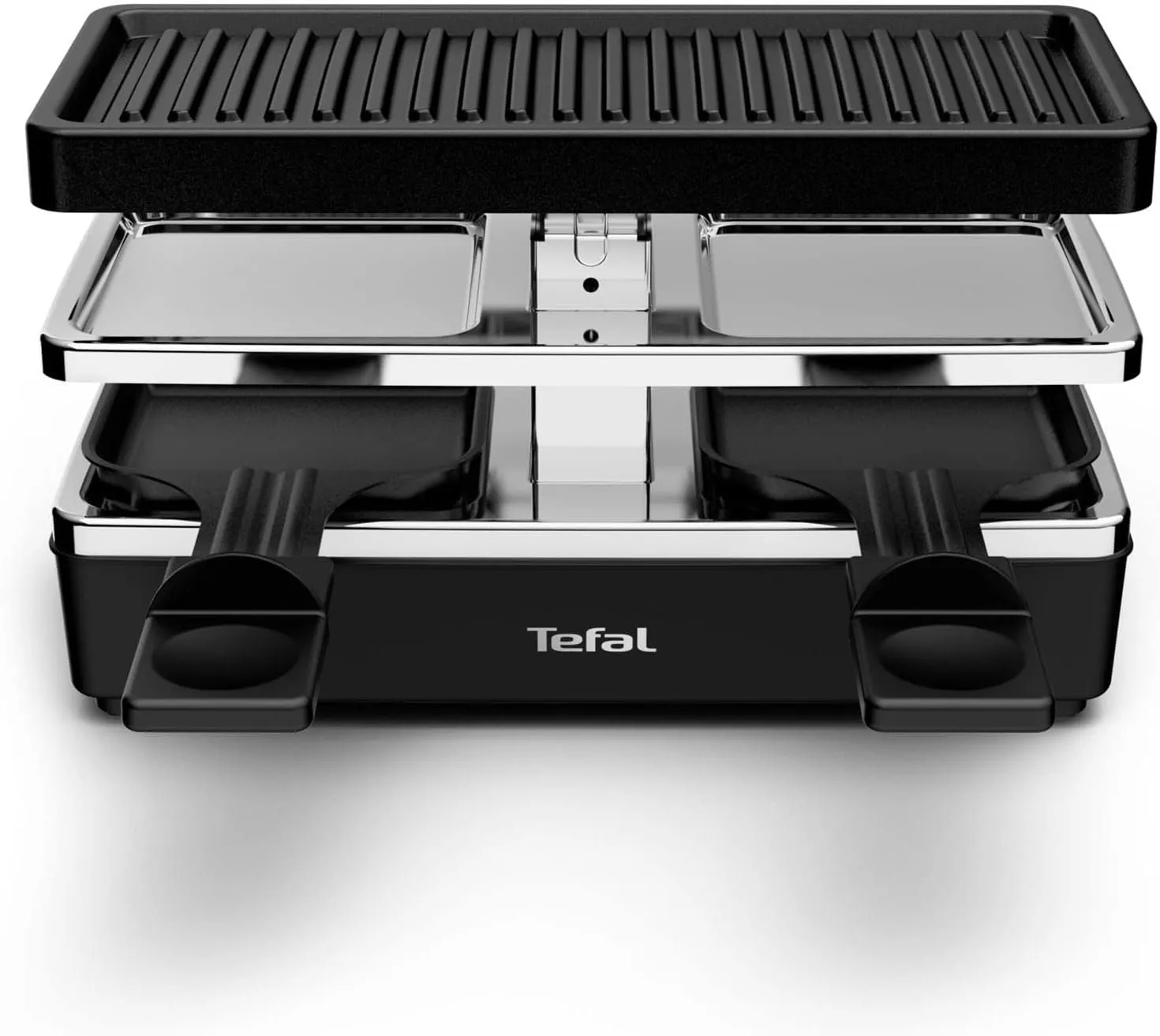 Bild von Tefal RE2308 Raclette mit 400 Watt, 2 Pfännchen und Grillplatte, erweiterbar auf 5 Geräte, mit Antihaftbeschichtung und abnehmbaren Kabeln in Schwarz/Silber
