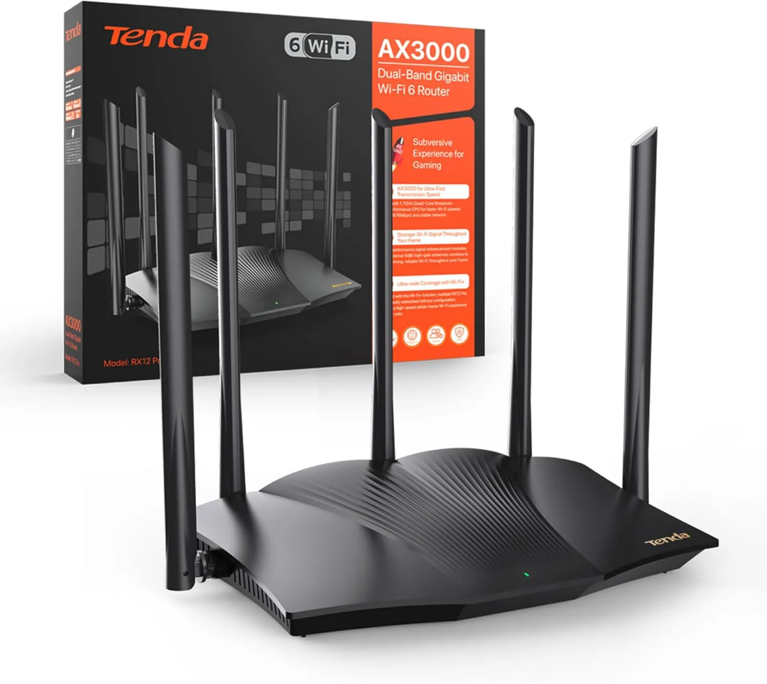 Bild von Tenda RX12 Pro WLAN Router mit Wi-Fi 6 und AX3000 Dualband, 5 Hochleistungsantennen, Gigabit-LAN/WAN-Port, WPA3, MU-MIMO, WiFi Mesh und VPN, in Schwarz
