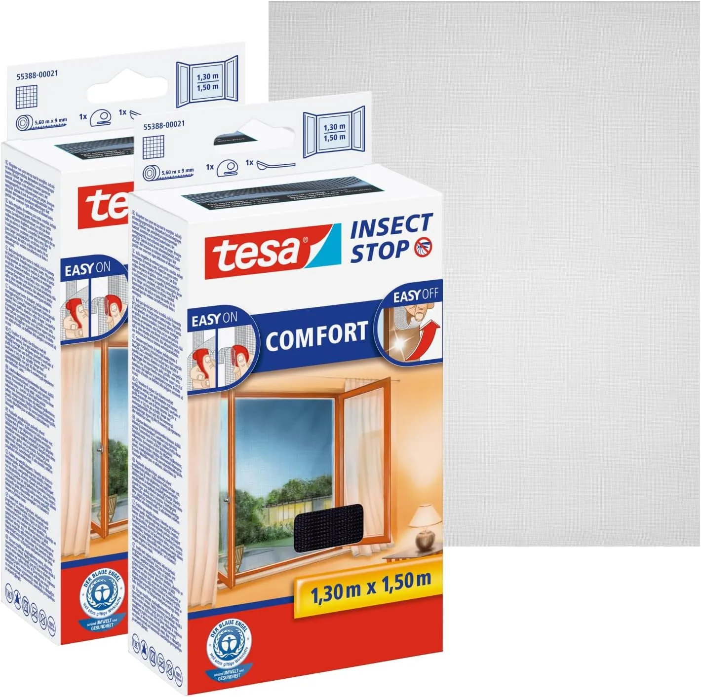 Bild von tesa Insect Stop COMFORT Fliegengitter für Fenster im 2er Pack selbstklebend in anthrazit, Maße 130 cm x 150 cm