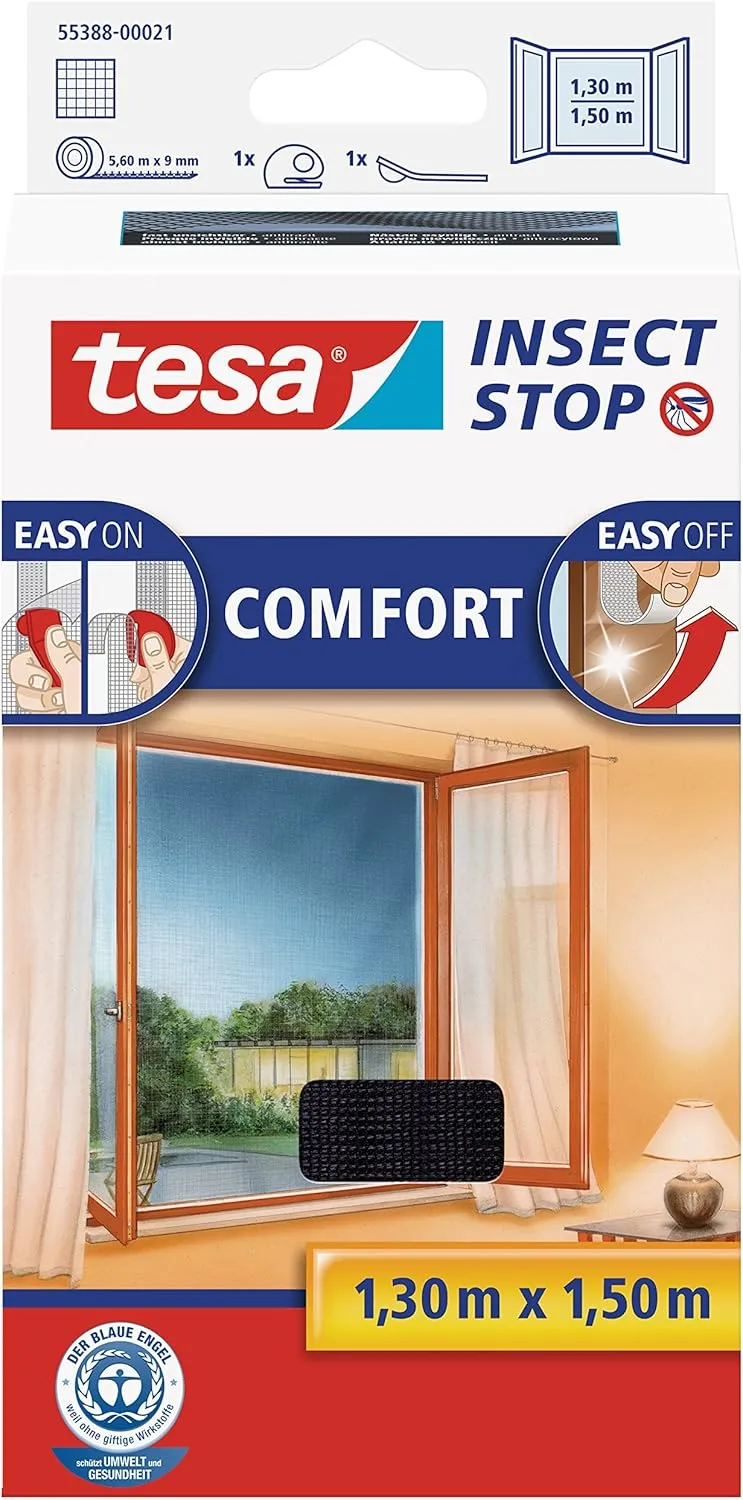 Bild von tesa Insect Stop Comfort Fliegengitter für Fenster in Anthrazit, selbstklebend und ohne Bohren, Maße 130 cm x 150 cm