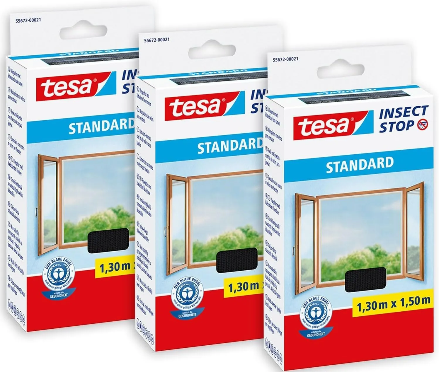 Bild von tesa Insect Stop Fliegengitter 3er Pack für Fenster, zuschneidbar, ohne Bohren, anthrazit, Maße 1,3m x 1,5m