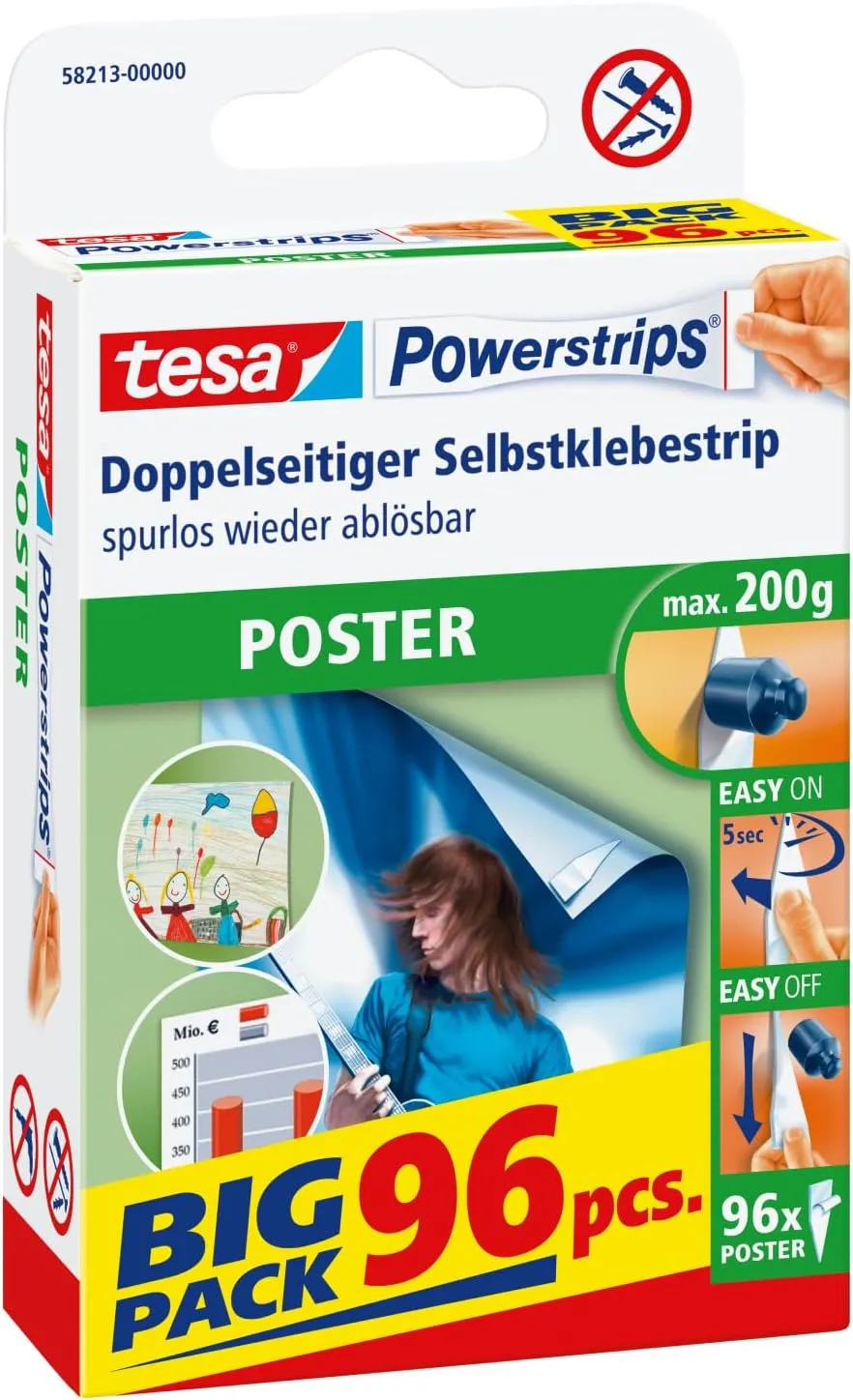 Bild von tesa Powerstrips Big Pack mit 96 doppelseitigen Klebestreifen für Poster und Plakate, selbstklebend und spurlos ablösbar, Halteleistung bis zu 200 g