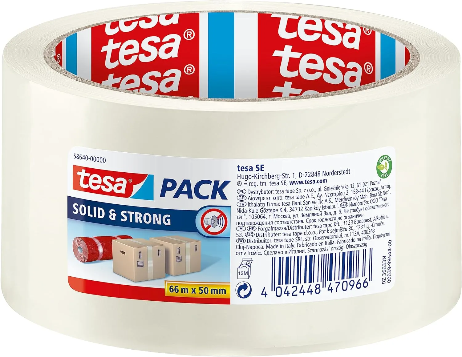 Bild von tesapack Solid & Strong Paketband in Transparent und Braun, leise abrollbar und sicher für das Verschließen von Paketen
