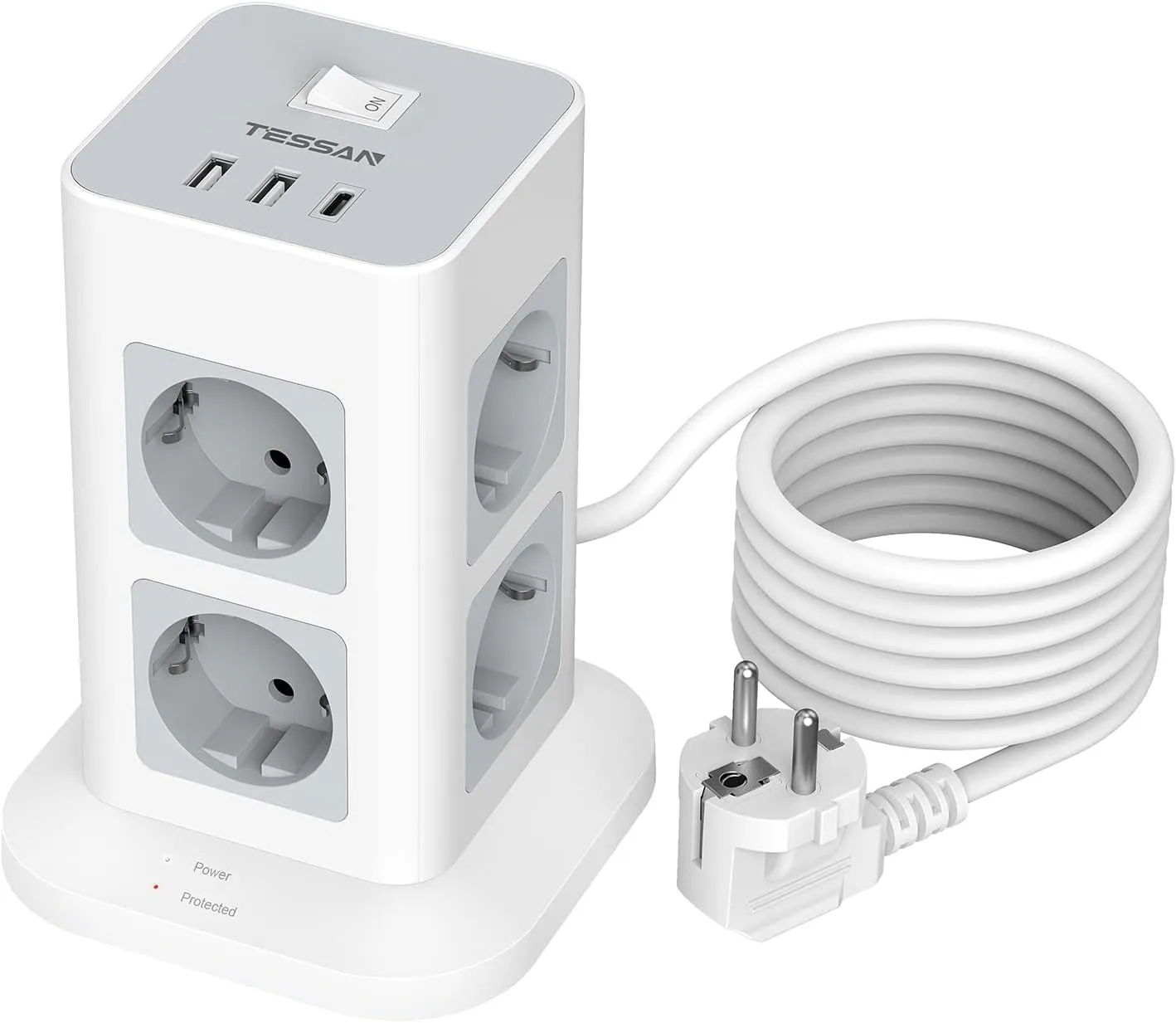 Bild von TESSAN Mehrfachsteckdose mit Überspannungsschutz 3600W, 16A, 8-fach und USB-C, 2 Meter Verlängerungskabel, grauer Steckdosenturm