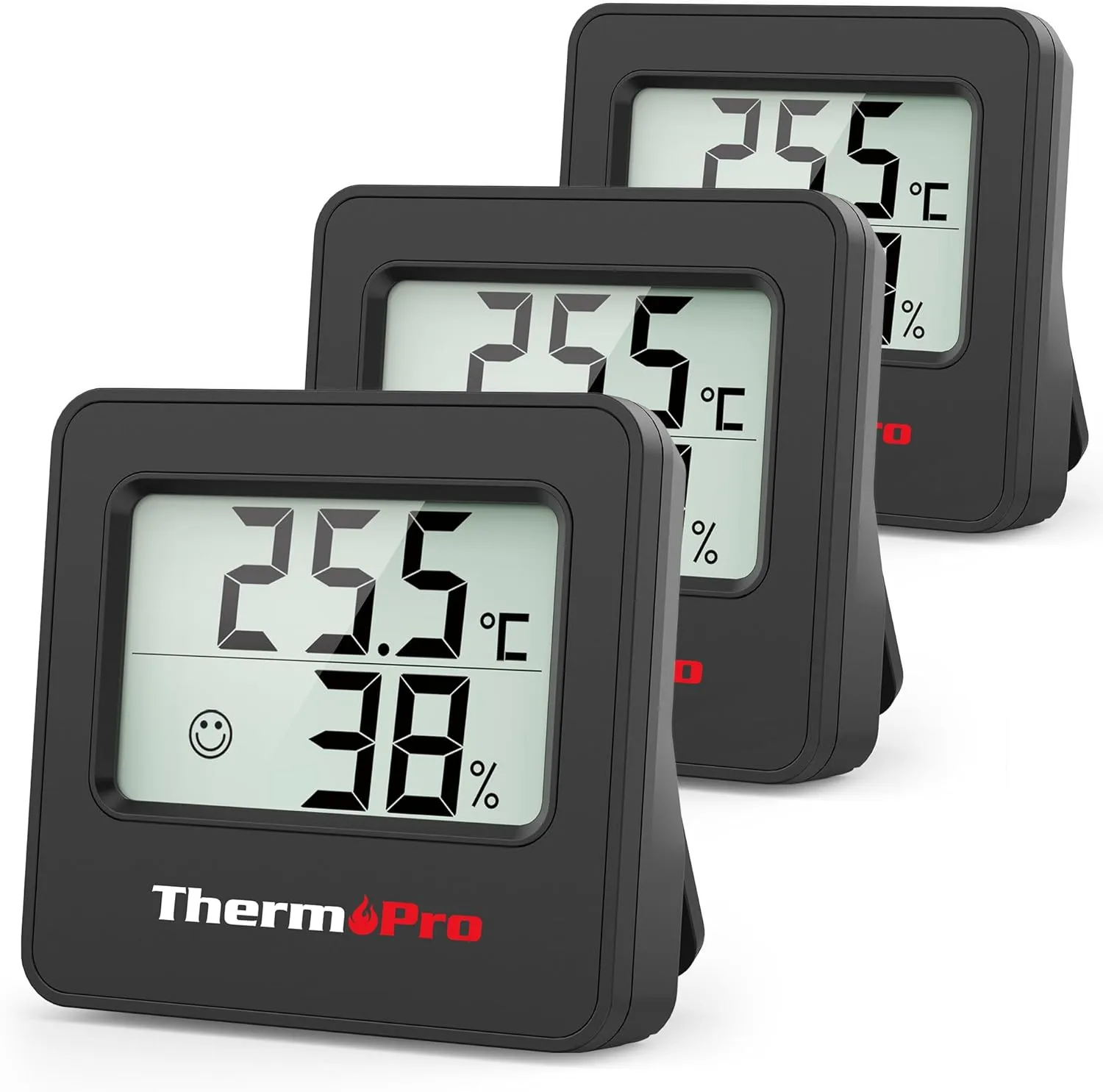 Bild von ThermoPro TP157 Mini Hygrometer Thermometer 3er Set in Schwarz mit Smiley-Indikator für präzise Raumtemperatur und Luftfeuchtigkeit