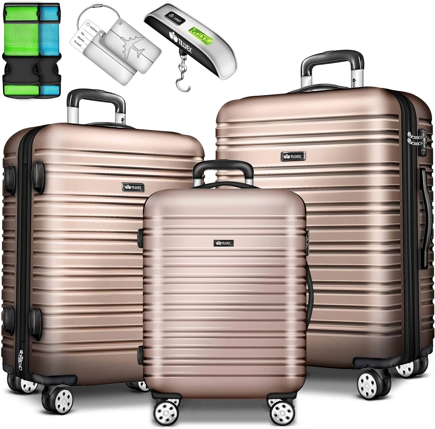 Bild von tillvex Reisekoffer Set mit 3 Teilen, Gepäckwaage, Koffergurten und Kofferanhängern, Hartschale, 4 Rollen und TSA Schloss
