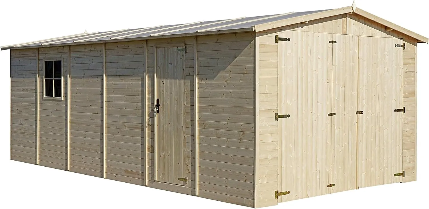 Bild von TIMBELA M102 Holzgarage mit Fenstern, 18 m², Plattenkonstruktion aus Naturholz, ideal als Gartenwerkstatt oder Geräteschuppen, Maße 222x616x324 cm