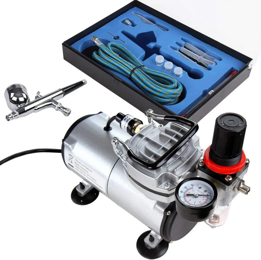 Bild von Timbertech Airbrush-Set mit Kompressor und Zubehör für Double Action Airbrush Pistole