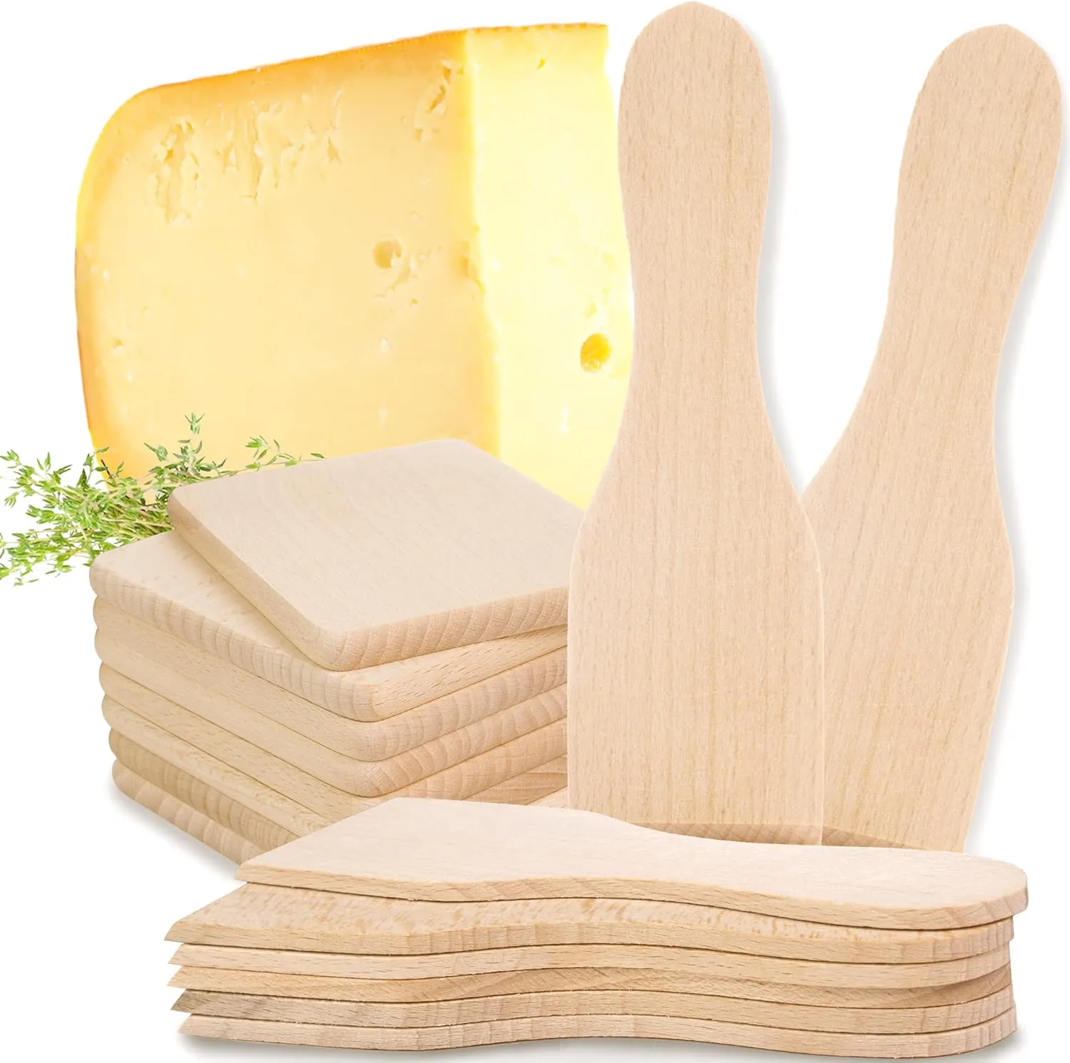 Bild von TIMELEOS Raclette-Schaber Set aus heimischer Buche mit 8 Untersetzern und 8 Schiebern, hitzebeständig und hygienisch