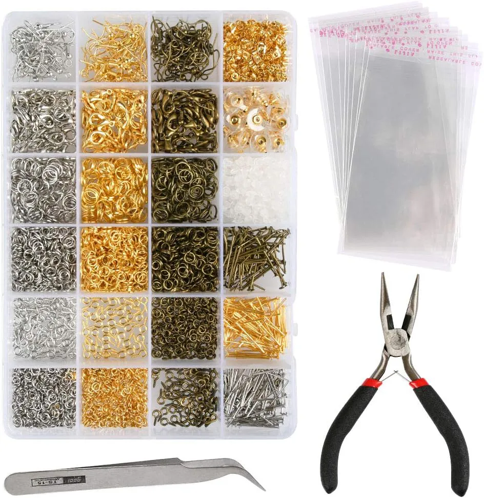 Bild von TIMESETL Schmuckherstellungsset mit 3000 Teilen in Bronze, Silber und Gold, inklusive Zange und Pinzette für DIY Ohrringe, Armbänder und Halsketten