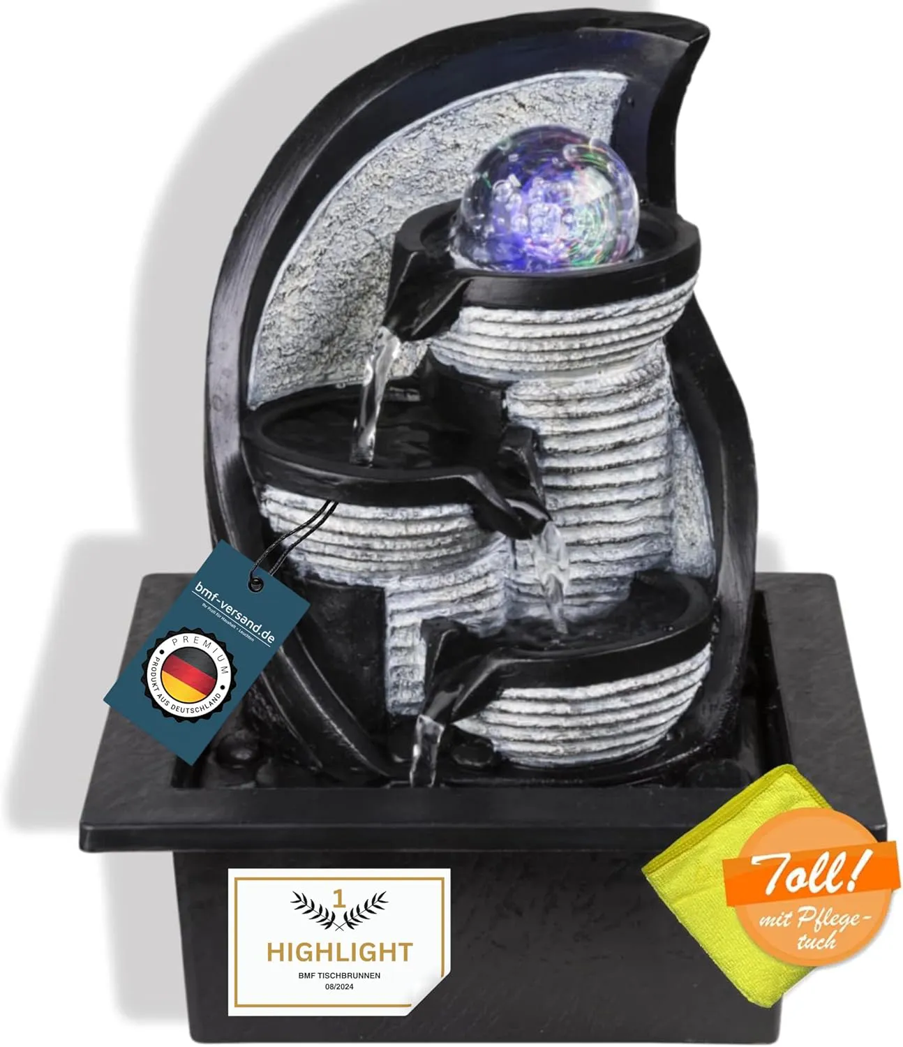Bild von Tischbrunnen mit RGB Farbwechsel und Mikrofasertuch in Grau