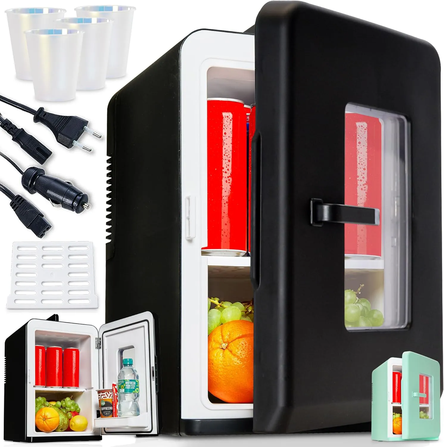 Bild von TOM 2in1 Mini Kühlschrank mit 15 Litern, Kühl- und Heizfunktion, tragbar für Auto und Camping, in Schwarz und Mint