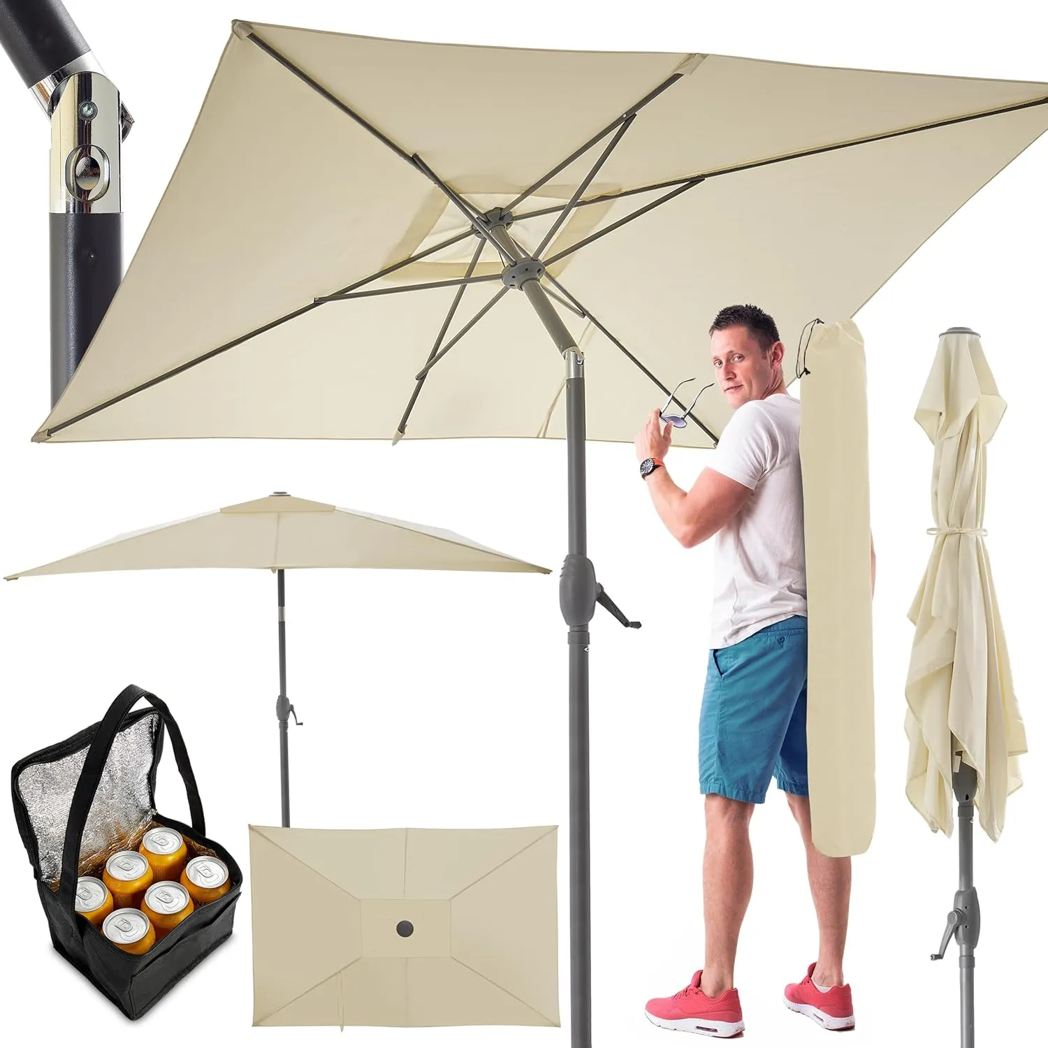 Bild von TOM rechteckiger Sonnenschirm 140 x 210 cm mit Schutzhülle und Kurbel in Anthrazit oder Beige, 45 Grad neigbar