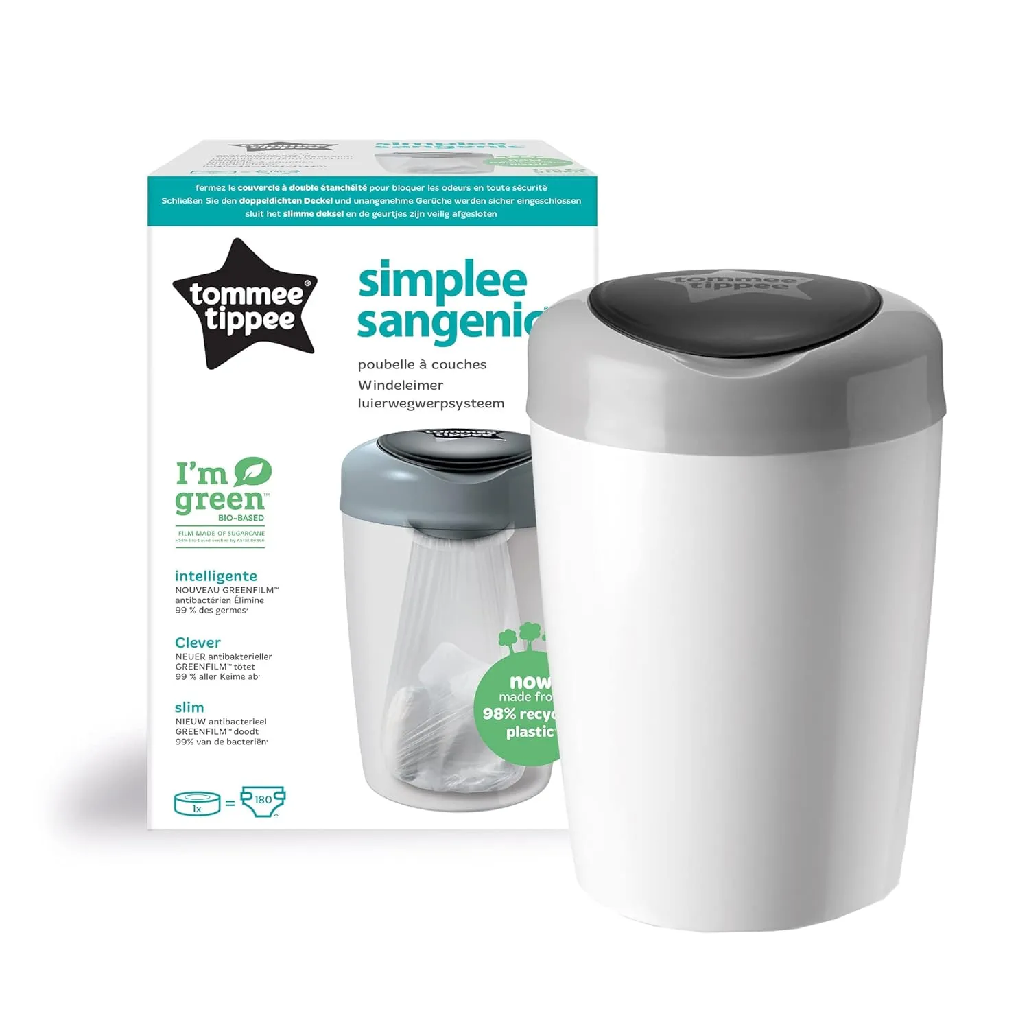 Bild von Tommee Tippee Simplee Sangenic Windeleimer in Weiß und Grau mit einer Nachfüllkassette