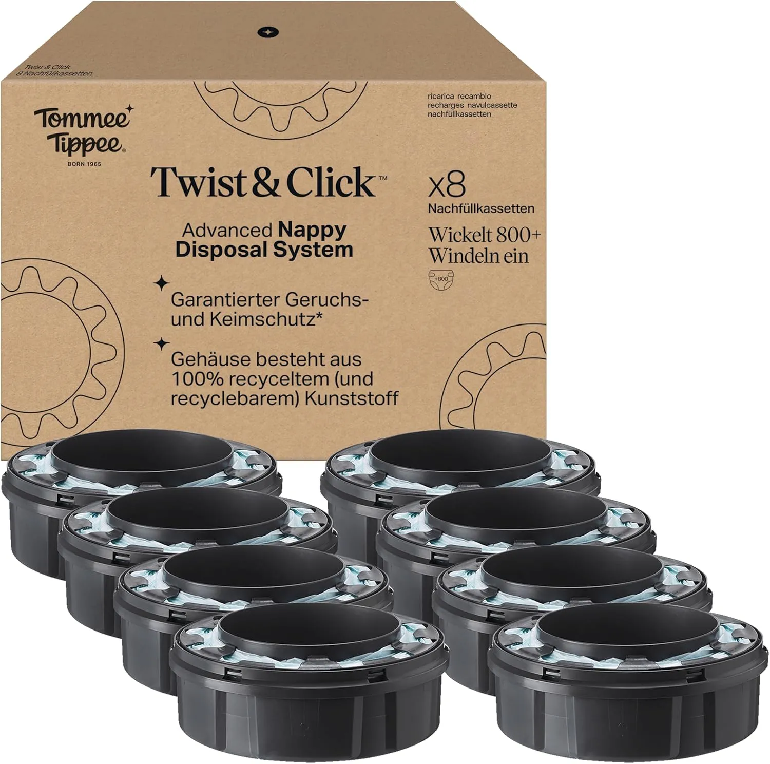 Bild von Tommee Tippee Twist und Click Windelbehälter mit 8 Original Nachfüllkassetten für einfaches Nachfüllen