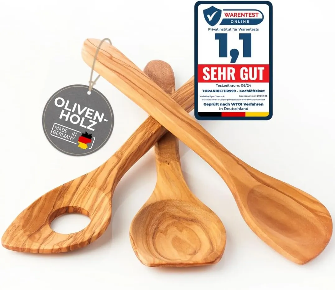 Bild von Topanbieter999 3-teiliges Olivenholz Kochlöffelset mit Kochlöffel, Servierlöffel und Spitzlöffel, 30 cm, antibakteriell und nachhaltig gefertigt in Deutschland