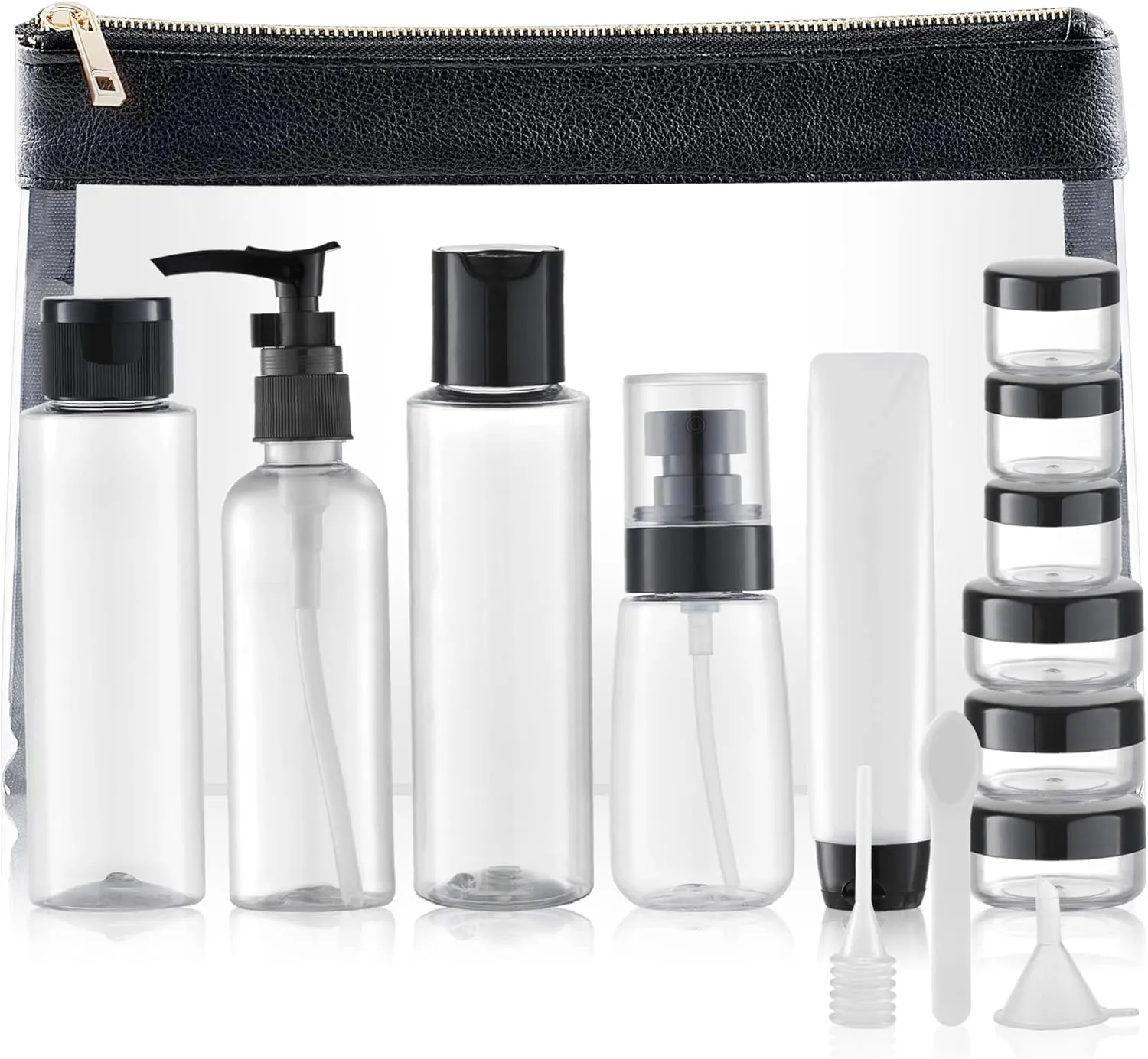 Bild von Toureal Set mit 15 leeren Reiseflaschen bis 100 ml in Leder für Kosmetik im Flugzeug