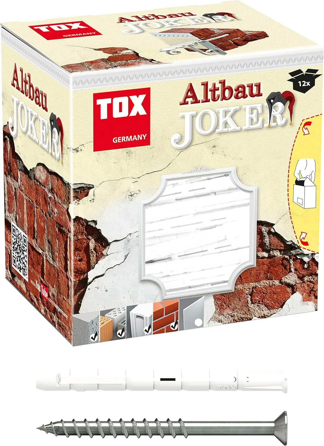 Bild von TOX Altbaujoker Spreizdübel 8 x 90 mm mit Schraube, 12 Stück im Karton für sichere Befestigung in bröseligen Baustoffen