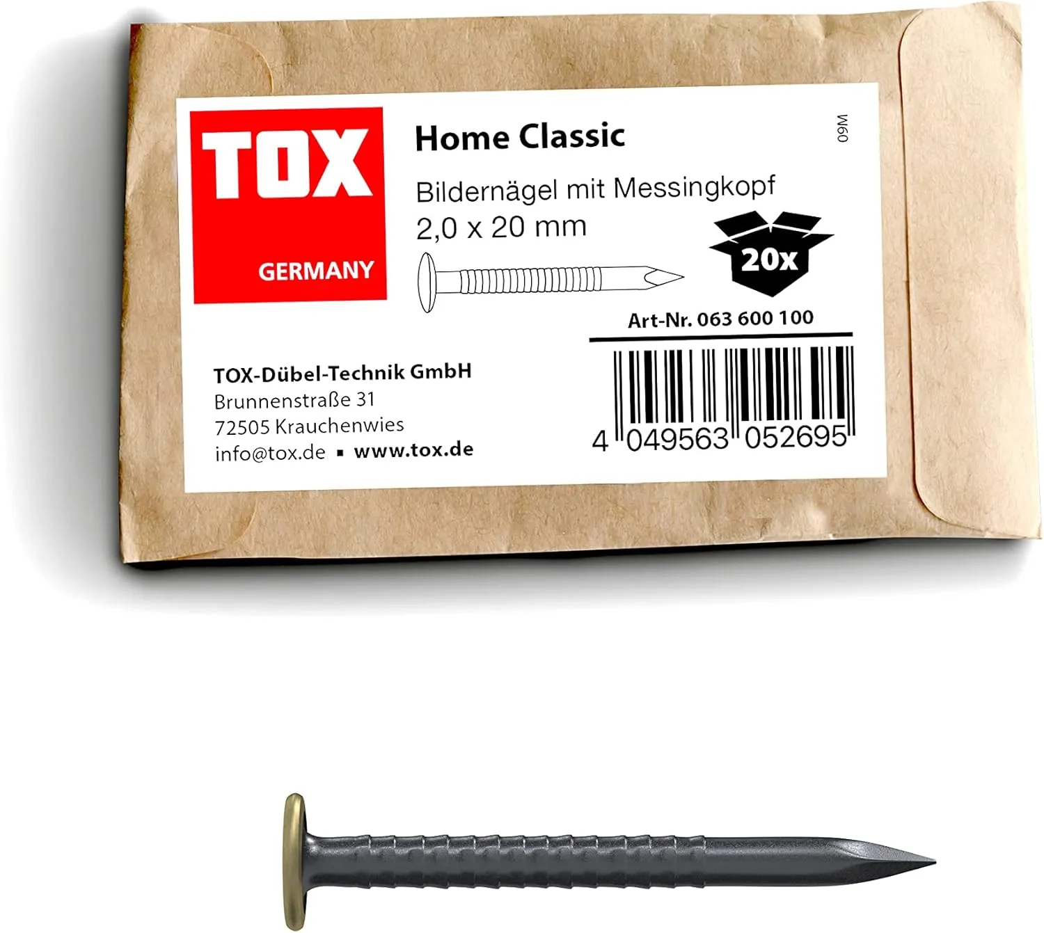 Bild von TOX Bildernagel Home Classic aus gehärtetem Stahl mit Messingkopf, 20 Stück, Größe 2 x 20 mm, für verschiedene Baustoffe, Artikelnummer 063600100