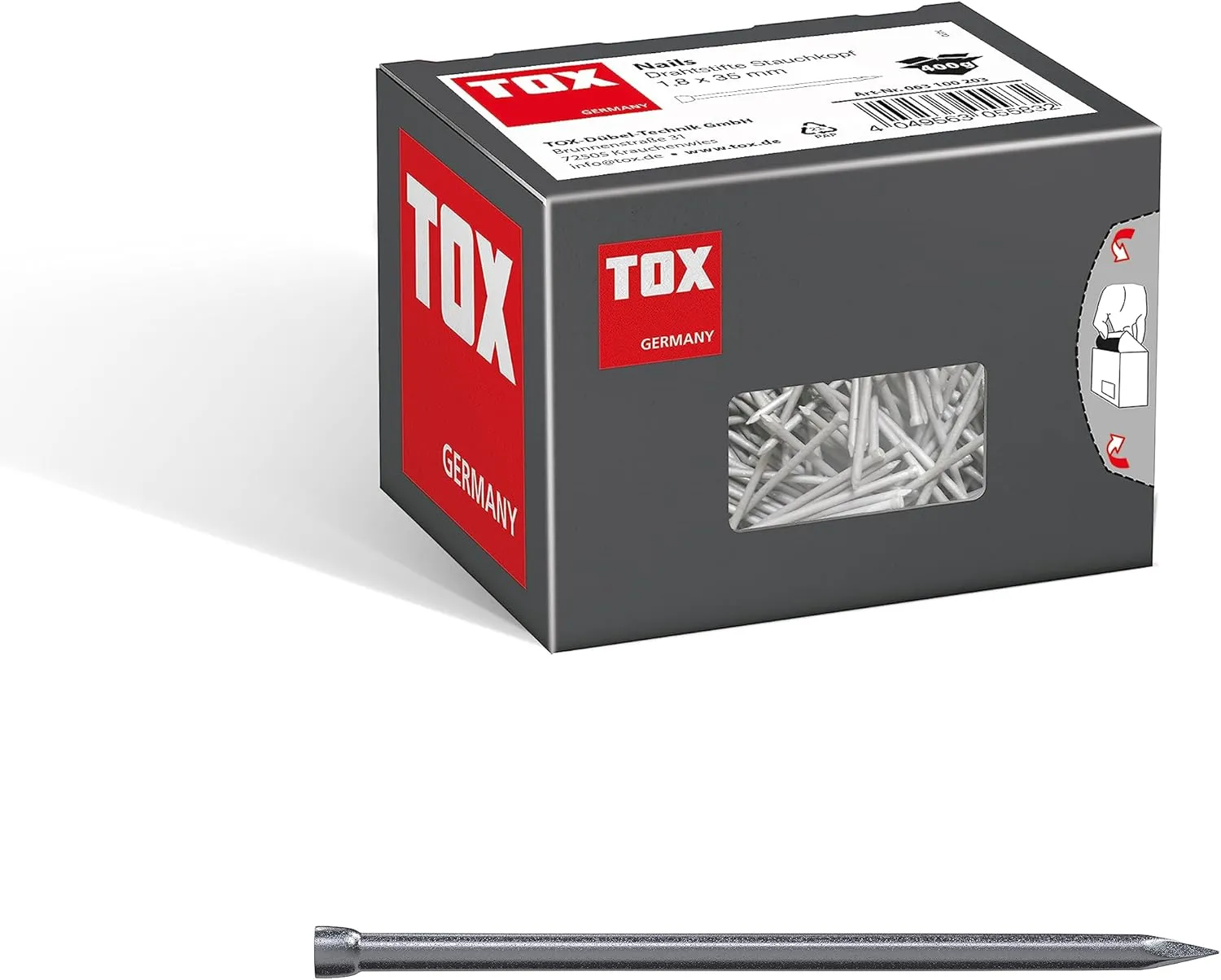 Bild von TOX Drahtstifte 063100203 mit Stauchkopf, 1,8 x 35 mm, 400 g, für unsichtbare Befestigungen in Holz, geeignet für Innen- und Außenbereich
