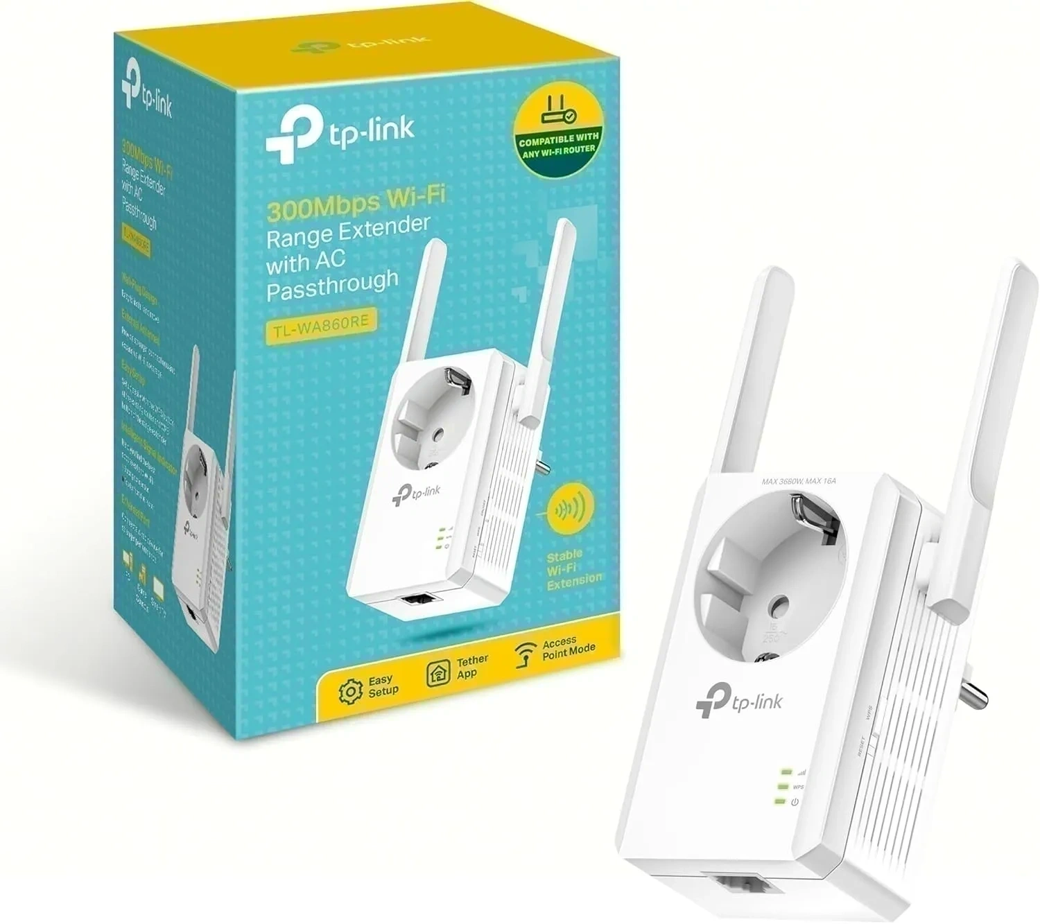 Bild von TP-Link TL-WA860RE WLAN Repeater mit 300 Mbit/s und integrierter Steckdose, LAN Port und App Steuerung, kompatibel mit allen gängigen WLAN Geräten